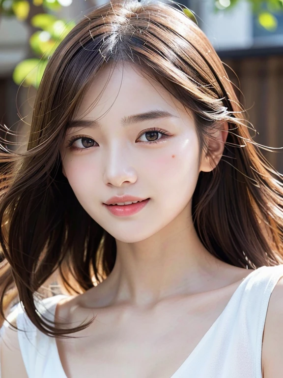 With the alleys of Kyoto in the background、18-year-old girl、independent、Look forward、Light eye makeup、Brown Hair Color、flat 、Hair blowing in the wind、Quality of actress、Shiny, Ultra-realistic faces、smileの表情、Watery eyes、look up、Soothing lighting effects、 Ultra-Realistic Capture、Very detailed、High resolution 16k human skin closeup。Skin texture must be natural、Must be so detailed that pores are visible、skin is healthy、Must be of uniform tone、Use natural light and color、High quality photos taken by modeling agencies'Exclusive photographer、smile