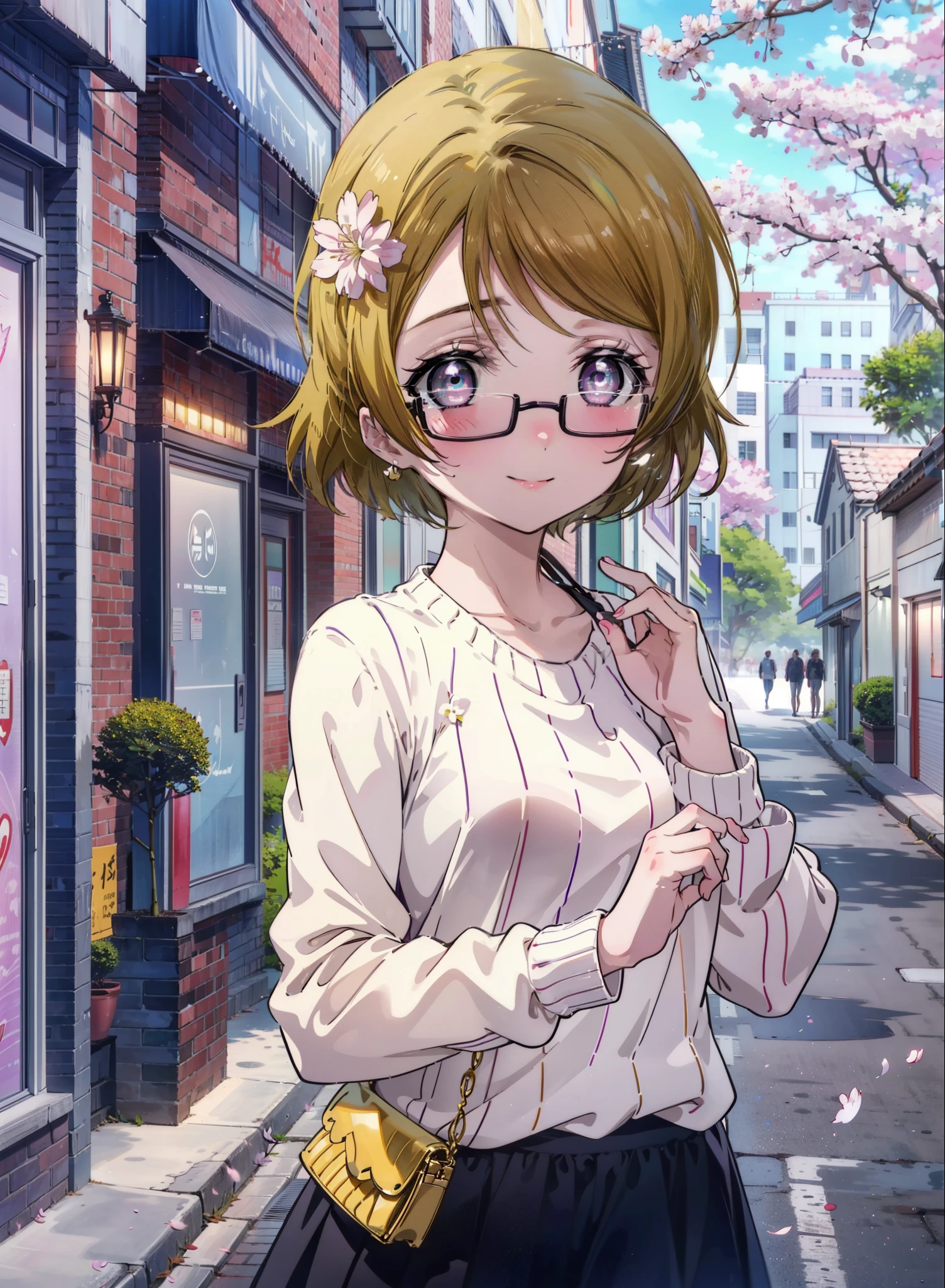 Hanayo Koizumi, hanayo　koizumi, Short Hair, Brown Hair, Purple eyes,Big Breasts,Black-rimmed glasses,sweater,Long skirt,Mini Boots,Cherry blossoms are blooming,Cherry blossoms are scattered,Cherry blossom tree-lined path,happy smile, smile, Open your mouth,So that the whole body goes into the illustration,smile,blush,
break looking at viewer, (Cowboy Shot:1. 5)
break outdoors, School　School building, 
break (masterpiece:1.2), highest quality, High resolution, unity 8k wallpaper, (figure:0.8), (Detailed and beautiful eyes:1.6), Highly detailed face, Perfect lighting, Extremely detailed CG, (Perfect hands, Perfect Anatomy),