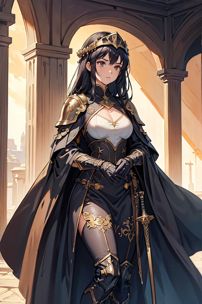 At the top of a steep hill, against the twilight horizon, an imposing figure stands with majesty. A woman, wearing full armor, stands at the highest point of the terrain, gazing determinedly into the valley below. Her helmet is adorned with intricate details, with a visor that reveals only her resolute eyes, shining with the golden light of the setting sun. Her armor, polished to an impeccable shine, is a masterpiece of craftsmanship, each plate meticulously forged to offer maximum protection without compromising mobility. Each piece gleams as it reflects the last rays of sunlight, creating a striking contrast with the somber landscape around her. In her right hand, she holds a longsword, whose gleaming blade seems eager to challenge any adversary that dares to cross her path. In the left, a shield adorned with a familiar crest, symbol of her lineage and heritage. The wind gently stirs the cape that envelops her shoulders, highlighting her firm and confident posture. She is a fearless warrior, a defender of her realm and her people, ready to face any challenge that fate may hold. Around her, the medieval scenery unfolds in all its grandeur. Castle towers rise against the orange-tinted sky, while verdant fields stretch as far as the eye can see. The distant sound of church bells and the clashing of swords echo through the air, reminding her of the constantly conflicted world she has sworn to protect. In this solemn moment, she prepares to descend the steep slope toward the valley below, where destiny awaits with its challenges and dangers. But she does not falter; her heart is filled with courage and determination, ready to face any battle that life may present her.