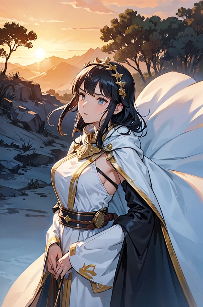 At the top of a steep hill, against the twilight horizon, an imposing figure stands with majesty. A woman, wearing full armor, stands at the highest point of the terrain, gazing determinedly into the valley below. Her helmet is adorned with intricate details, with a visor that reveals only her resolute eyes, shining with the golden light of the setting sun. Her armor, polished to an impeccable shine, is a masterpiece of craftsmanship, each plate meticulously forged to offer maximum protection without compromising mobility. Each piece gleams as it reflects the last rays of sunlight, creating a striking contrast with the somber landscape around her. In her right hand, she holds a longsword, whose gleaming blade seems eager to challenge any adversary that dares to cross her path. In the left, a shield adorned with a familiar crest, symbol of her lineage and heritage. The wind gently stirs the cape that envelops her shoulders, highlighting her firm and confident posture. She is a fearless warrior, a defender of her realm and her people, ready to face any challenge that fate may hold. Around her, the medieval scenery unfolds in all its grandeur. Castle towers rise against the orange-tinted sky, while verdant fields stretch as far as the eye can see. The distant sound of church bells and the clashing of swords echo through the air, reminding her of the constantly conflicted world she has sworn to protect. In this solemn moment, she prepares to descend the steep slope toward the valley below, where destiny awaits with its challenges and dangers. But she does not falter; her heart is filled with courage and determination, ready to face any battle that life may present her.