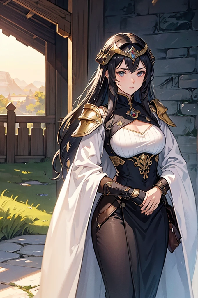 At the top of a steep hill, against the twilight horizon, an imposing figure stands with majesty. A woman, wearing full armor, stands at the highest point of the terrain, gazing determinedly into the valley below. Her helmet is adorned with intricate details, with a visor that reveals only her resolute eyes, shining with the golden light of the setting sun. Her armor, polished to an impeccable shine, is a masterpiece of craftsmanship, each plate meticulously forged to offer maximum protection without compromising mobility. Each piece gleams as it reflects the last rays of sunlight, creating a striking contrast with the somber landscape around her. In her right hand, she holds a longsword, whose gleaming blade seems eager to challenge any adversary that dares to cross her path. In the left, a shield adorned with a familiar crest, symbol of her lineage and heritage. The wind gently stirs the cape that envelops her shoulders, highlighting her firm and confident posture. She is a fearless warrior, a defender of her realm and her people, ready to face any challenge that fate may hold. Around her, the medieval scenery unfolds in all its grandeur. Castle towers rise against the orange-tinted sky, while verdant fields stretch as far as the eye can see. The distant sound of church bells and the clashing of swords echo through the air, reminding her of the constantly conflicted world she has sworn to protect. In this solemn moment, she prepares to descend the steep slope toward the valley below, where destiny awaits with its challenges and dangers. But she does not falter; her heart is filled with courage and determination, ready to face any battle that life may present her.