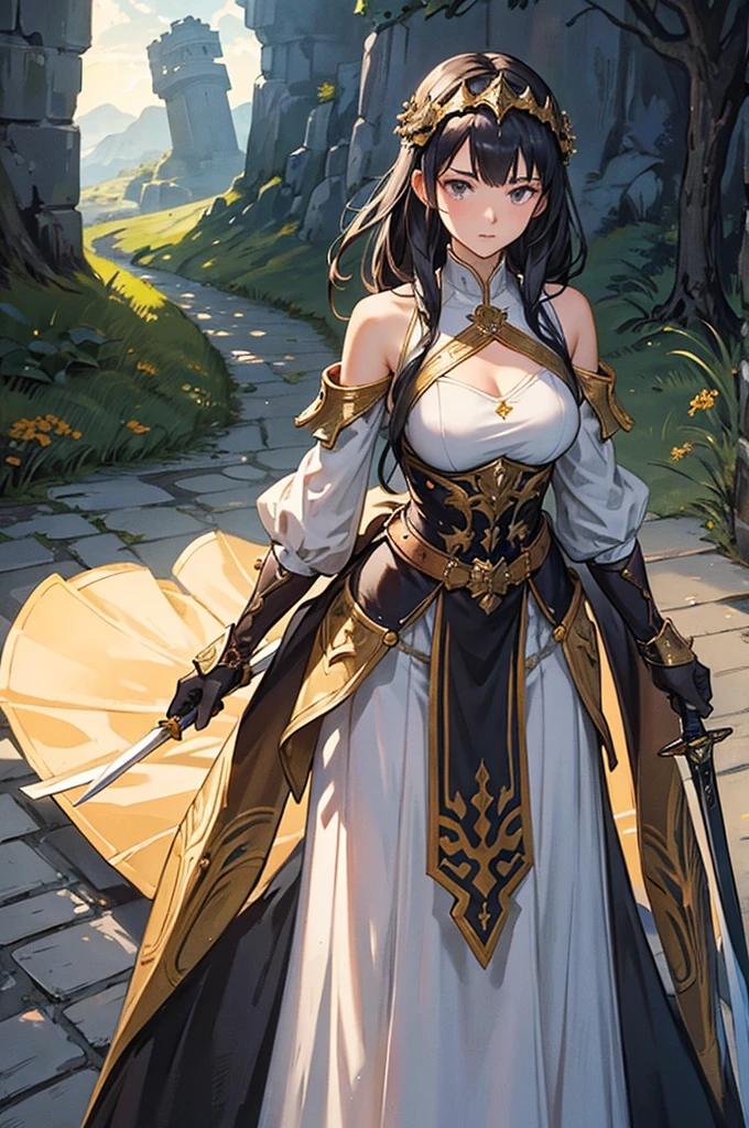 At the top of a steep hill, against the twilight horizon, an imposing figure stands with majesty. A woman, wearing full armor, stands at the highest point of the terrain, gazing determinedly into the valley below. Her helmet is adorned with intricate details, with a visor that reveals only her resolute eyes, shining with the golden light of the setting sun. Her armor, polished to an impeccable shine, is a masterpiece of craftsmanship, each plate meticulously forged to offer maximum protection without compromising mobility. Each piece gleams as it reflects the last rays of sunlight, creating a striking contrast with the somber landscape around her. In her right hand, she holds a longsword, whose gleaming blade seems eager to challenge any adversary that dares to cross her path. In the left, a shield adorned with a familiar crest, symbol of her lineage and heritage. The wind gently stirs the cape that envelops her shoulders, highlighting her firm and confident posture. She is a fearless warrior, a defender of her realm and her people, ready to face any challenge that fate may hold. Around her, the medieval scenery unfolds in all its grandeur. Castle towers rise against the orange-tinted sky, while verdant fields stretch as far as the eye can see. The distant sound of church bells and the clashing of swords echo through the air, reminding her of the constantly conflicted world she has sworn to protect. In this solemn moment, she prepares to descend the steep slope toward the valley below, where destiny awaits with its challenges and dangers. But she does not falter; her heart is filled with courage and determination, ready to face any battle that life may present her.
