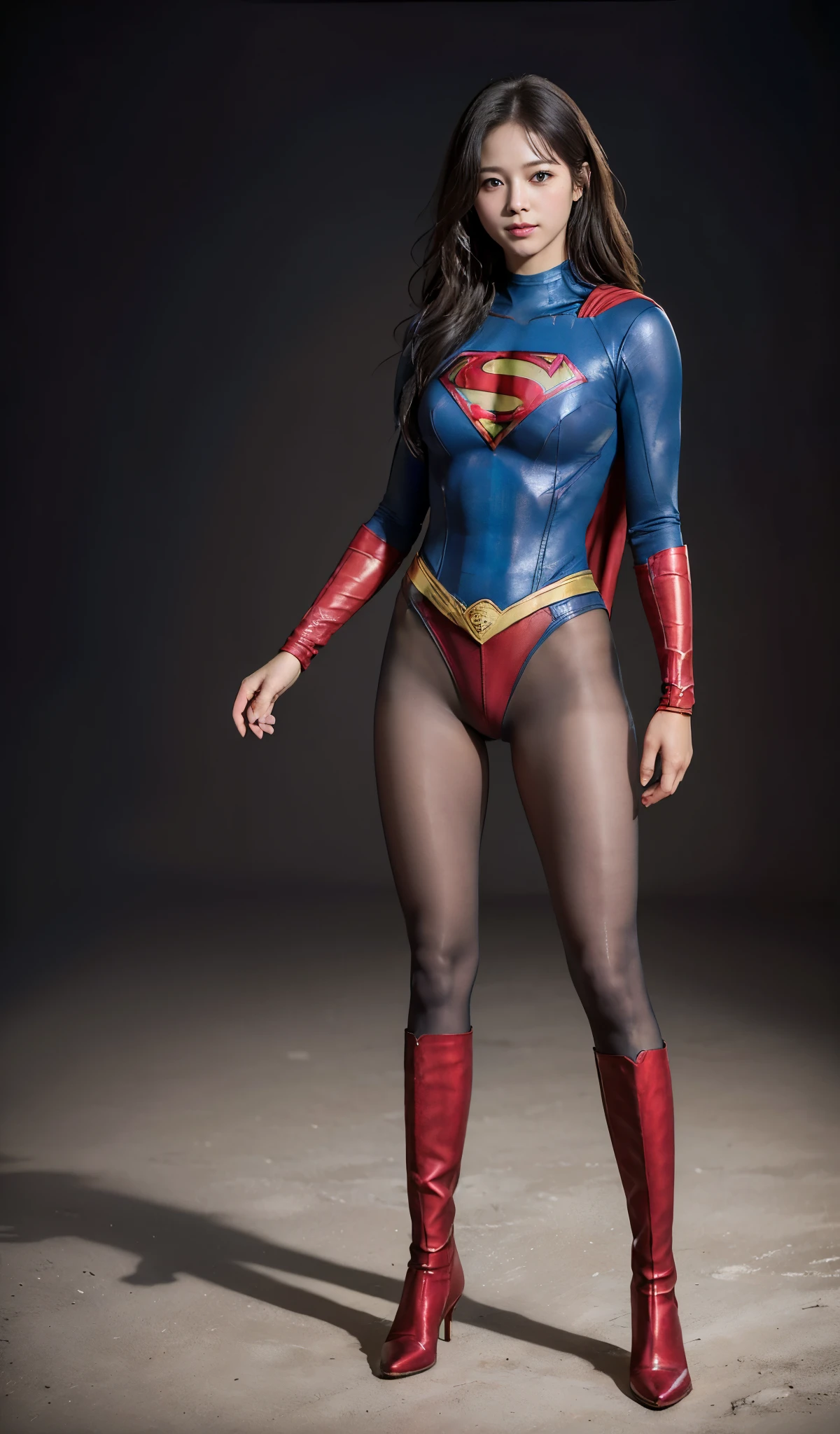 No background、(((Beautiful legs in black tights.)))、(((Legally express the beauty of your smile)))、((((Make the most of your original images)))、(((Supergirl Costume)))、(((Beautiful Hair)))、(((suffering)))、(((Please wear black tights....、Wear red boots)))、((Best image quality、8K))、((highest quality、8K、masterpiece:1.3))、(((Preserve background )))、Sharp focus:1.2、Beautiful woman with perfect figure:1.4、Thin abdominal muscles:1.2、Wet body:1.5、Highly detailed face and skin texture、8K