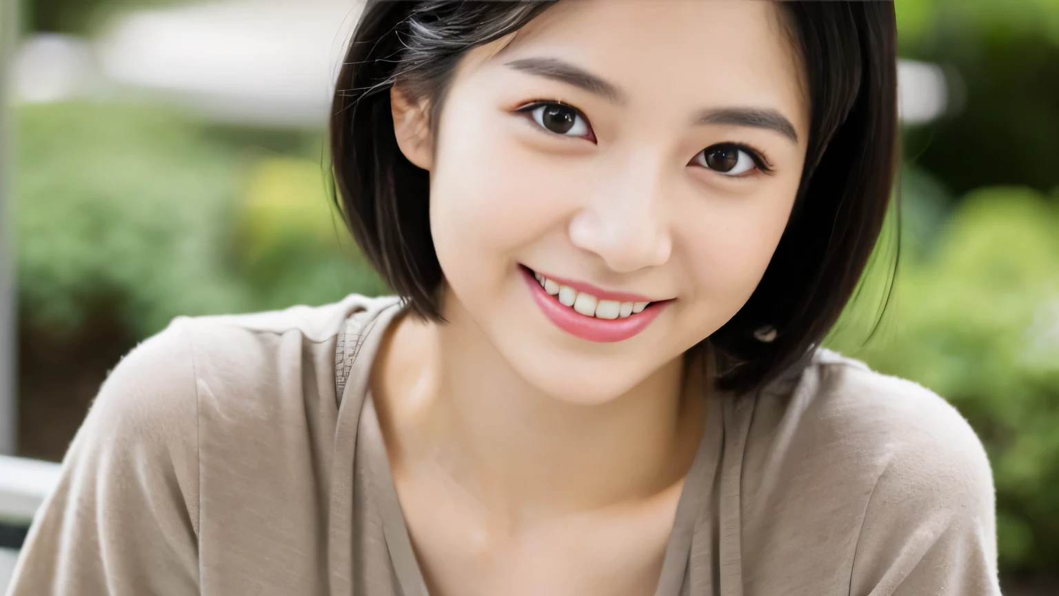 Portraiture、8k、high quality、Realistic Photographic Images、24-years-old、Japanese women、proper wife、、housewife、Recreates natural and realistic eyes、Japanese Stand、Beautiful black hair、short hair、light makeup、Octane Rendering、Beautiful lighting、Golden ratio composition、Laughter、Casual wear、Casual clothing、Natural background、Blurred Background、high resolution、Pure Japanese humanity、Beautiful wife、Upper Body、light makeup、No makeup、Pure beauty、Private Server、gray、beige、green、Plain、Casual clothing、smile、Small black eyes、Background blur