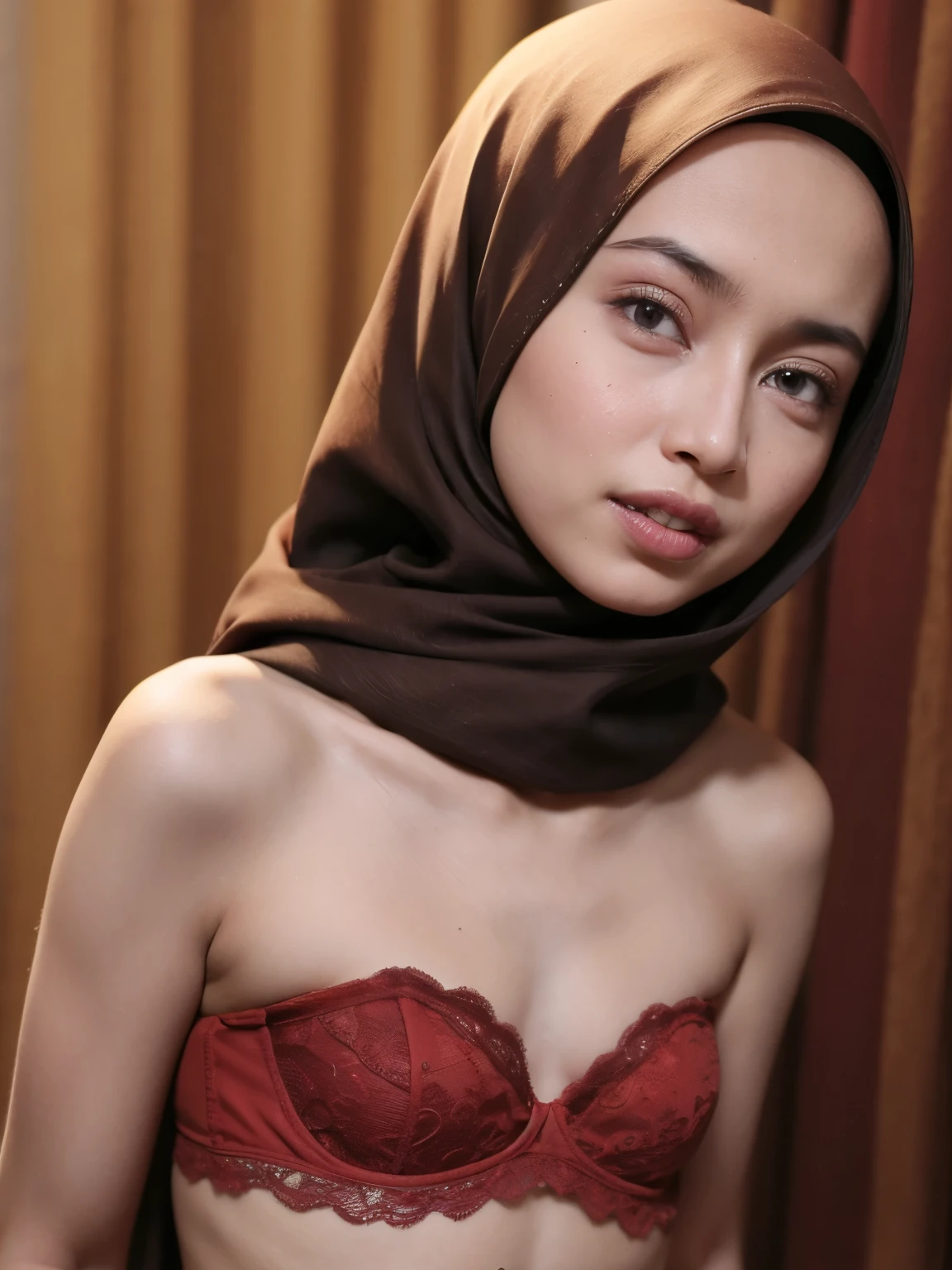 Very Thin body (Wearing Strapless Lingerie), (((HIJAB MALAY GIRL))), masutepiece, High quality, UHD 32K, Realistic face, Realistic skin feeling , A Malay Lady, 8 years old, , Very cute and baby-like face, (((FLAT CHEST))), (MATRIX WORLD), ((look In front  at the camera and SADNESS)), ((())), (((CUTE GIRL))), ((BROWN LIPS)), ((BROWN)), (undress). WEAR BRA LINGERIE, green, red, yellow, lace