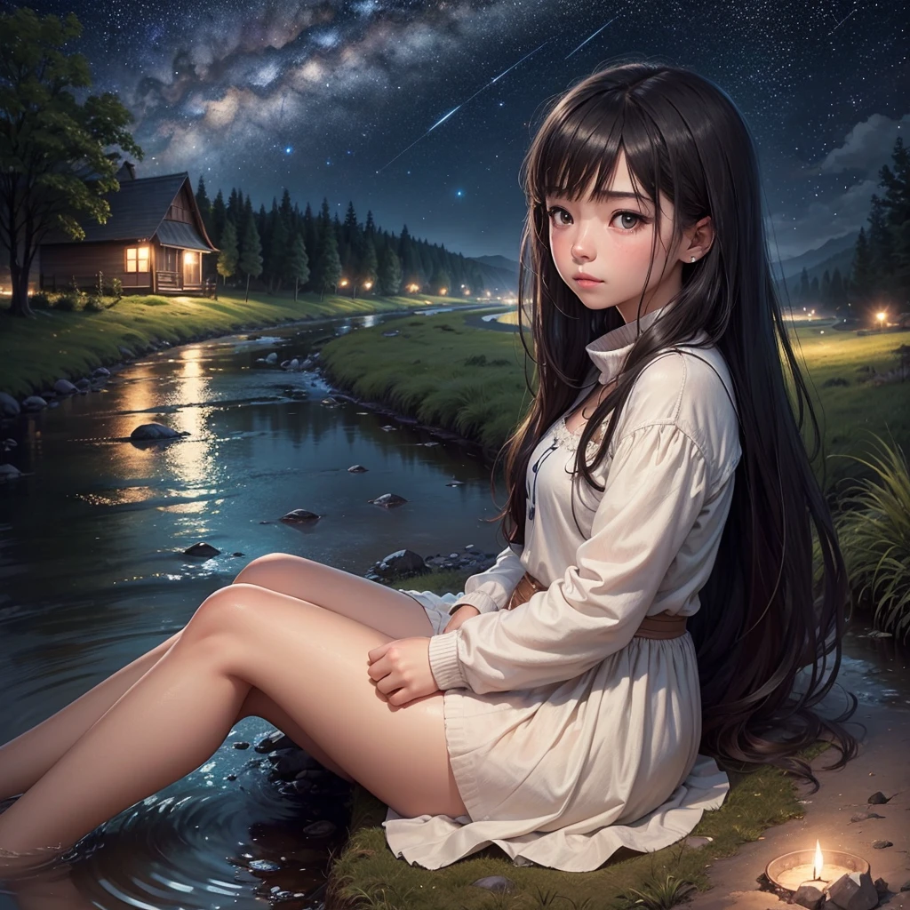 Girl with a broken heart, sitting on the bank of a stream at night contemplates the starry sky, among the stars she sees the image of her lover