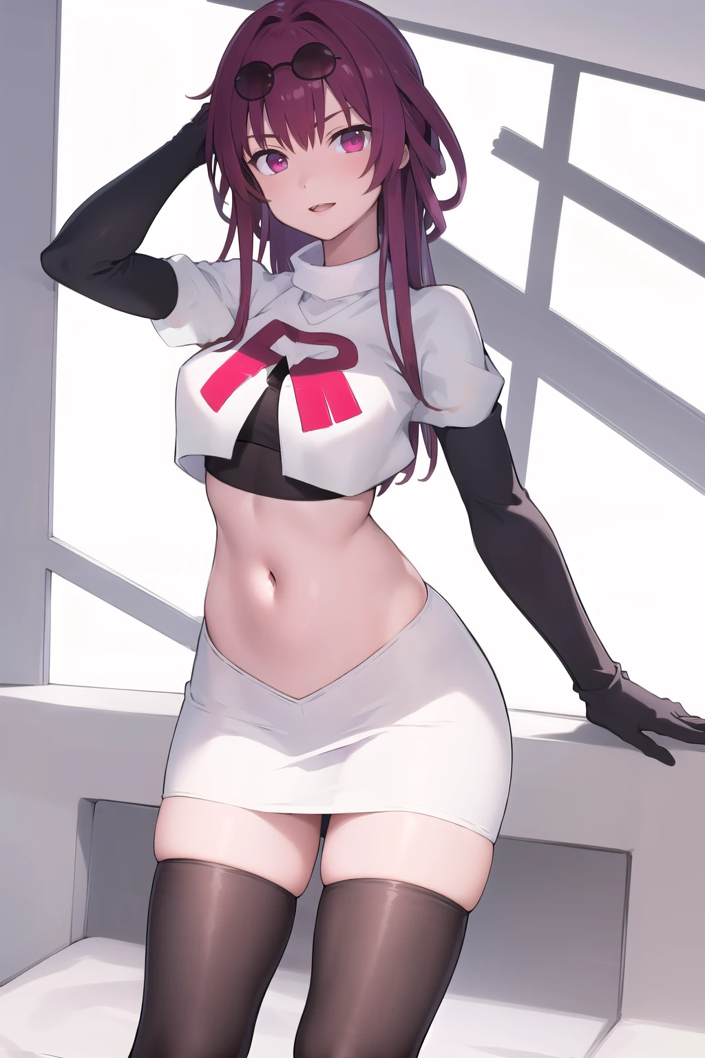 masterpiece, best quality, highres, aakafka, sunglasses, eyewear on head, team rocket,team rocket uniform,white skirt,red letter R,crop top,black thigh-highs,black elbow gloves