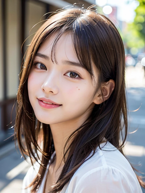 With the alleys of Kyoto in the background、18-year-old girl、independent、Look forward、Light eye makeup、Brown Hair Color、flat 、Hair blowing in the wind、Quality of actress、Shiny, Ultra-realistic faces、smileの表情、Watery eyes、look up、Soothing lighting effects、 Ultra-Realistic Capture、Very detailed、High resolution 16k human skin closeup。Skin texture must be natural、Must be so detailed that pores are visible、skin is healthy、Must be of uniform tone、Use natural light and color、High quality photos taken by modeling agencies'Exclusive photographer、smile