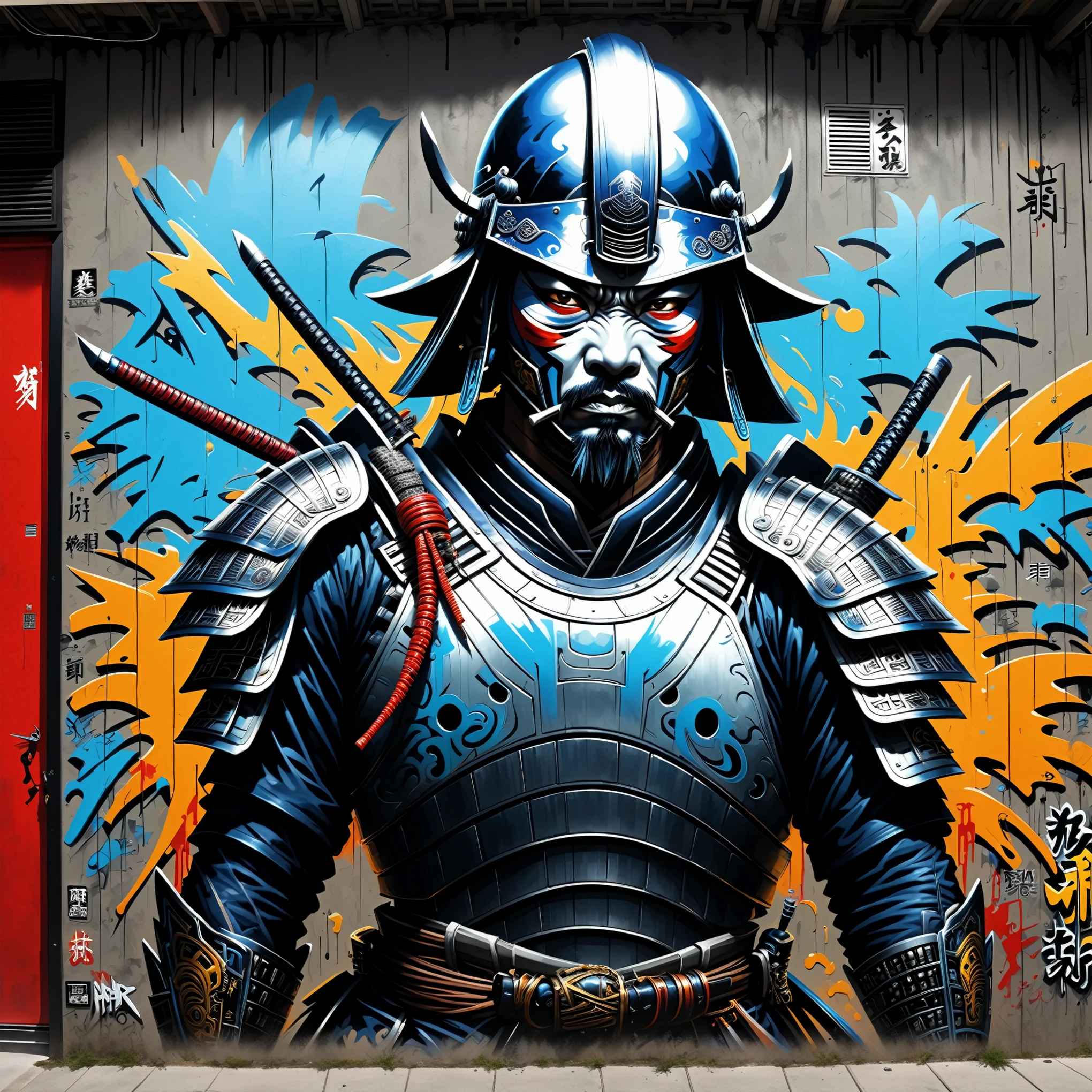low angle shot view, GRAFFITI OF A SAMURAI, ON THE WALL OF A BUILDING, hip hop style、SPRAY PAINT, (graffiti wall)、beautiful picture, absurd amount of detail, UTRA DETAILED ARMOR, ULTRA DETAILED SWORD, hyper-detailed art、award-winning work, IMPACTFUL VISUAL, outdoor ARTWORK, CINEMATIC LIGHTING, ARTISTIC DETAILS, DYNAMIC SHADOWS ,ATMOSPHERIC EFFECTS, GRAFITI TEXTURES, HIGH-DEFINITION, IMMERSIVE ENVIRONMENT, SUBTLE COLOR GRADING, AUTHENTIC ATMOSPHERE, DETAILED TEXTURES, award winning ARTWORK, MASTERPIECE ARTWORK, trending on artstation, HDR, UHD, 8K, BY BRUNO SMOKY.
