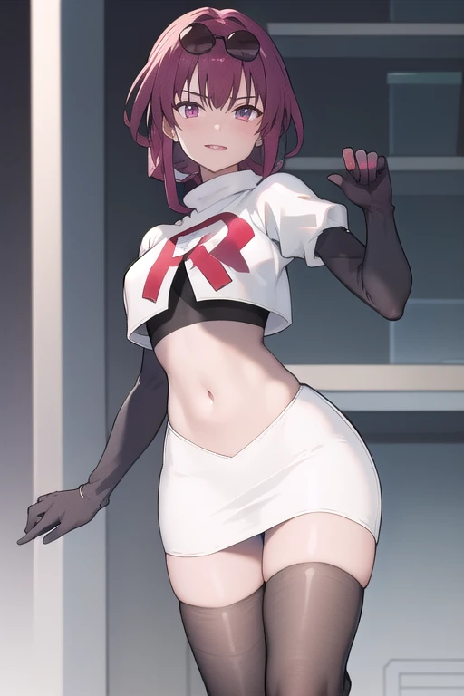 masterpiece, best quality, highres, aakafka, sunglasses, eyewear on head, team rocket,team rocket uniform,white skirt,red letter R,crop top,black thigh-highs,black elbow gloves