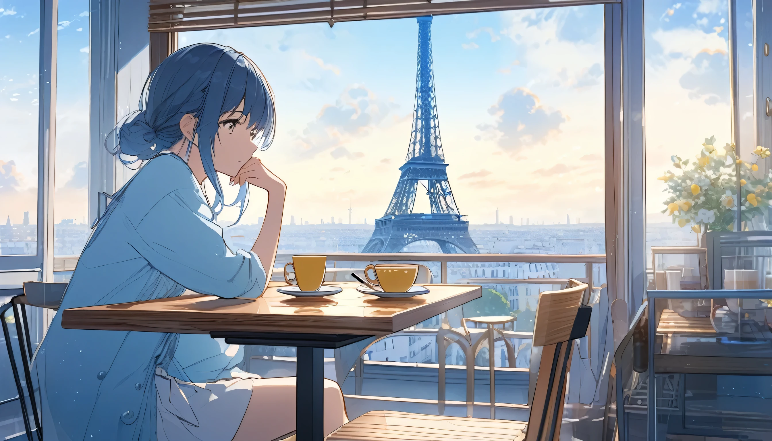 Stylish cafe, girl listening to music, coffee on table, view of Paris from window, holiday afternoon, cute woman like in Japanese anime, yellow and light blue tones, girl alone, atmosphere of Makoto Shinkai's work