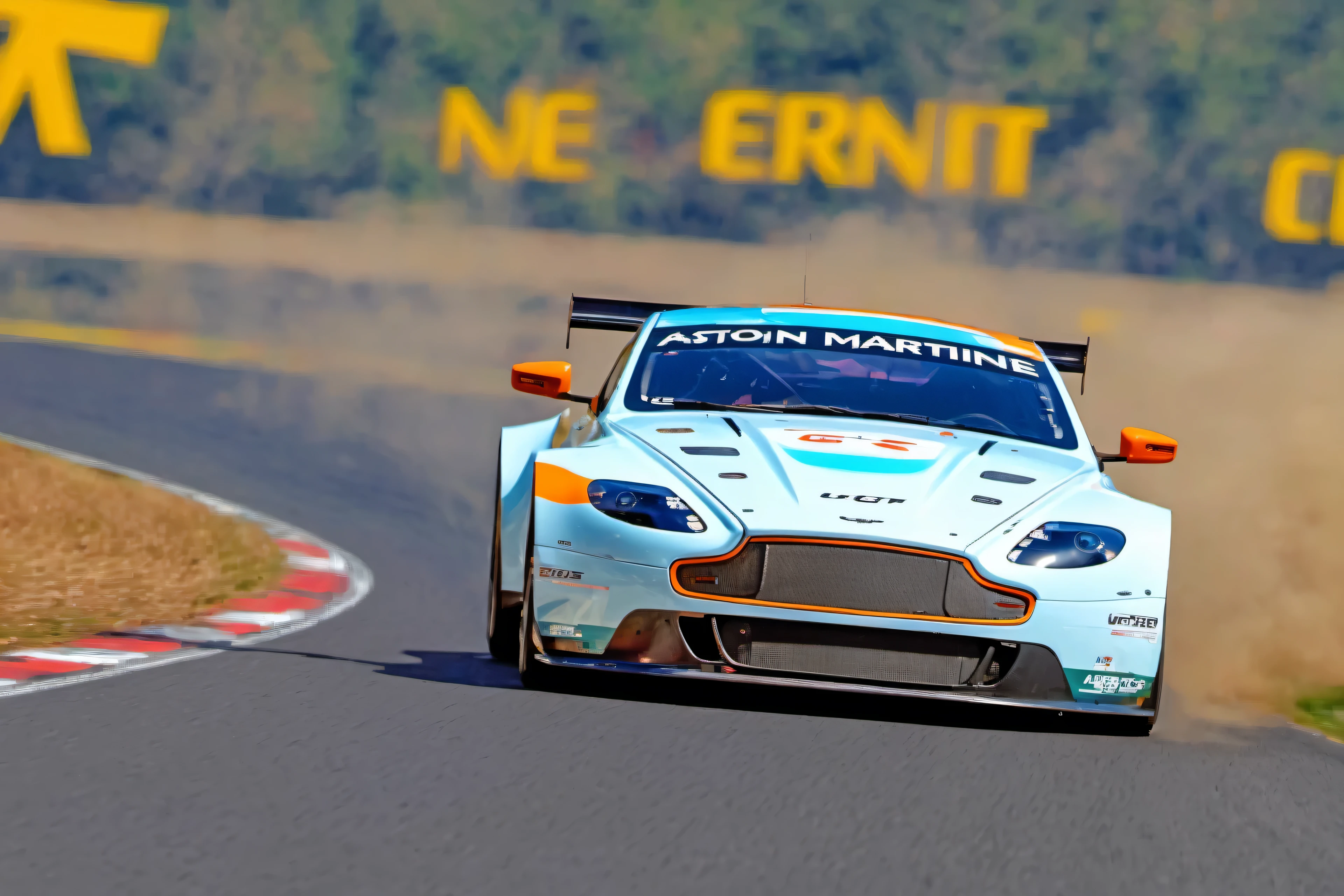masterpiece, best quality, aston martin, V8 Vantage GT2, 2008, 2009, 2010, 2011, le mans race track, in motion, UHD, HDR, 4k, ray tracing