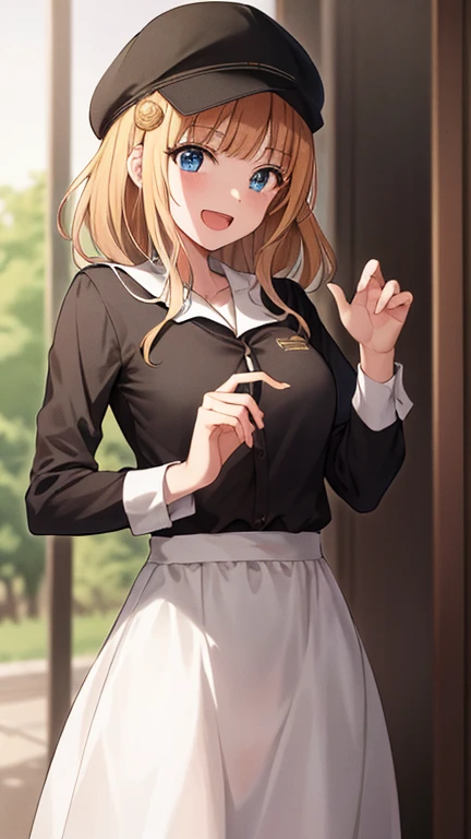 2D, Obra maestra, mejor calidad, animado, highly DetaileD, tiro de vaquero, 1 chica, solo, chika fujiwara, blue eyes, cabello rosado, lazo para el pelo, arco negro, , uniforme de verano, pechos grandes, stanDing, inDoors, pasillo, :D