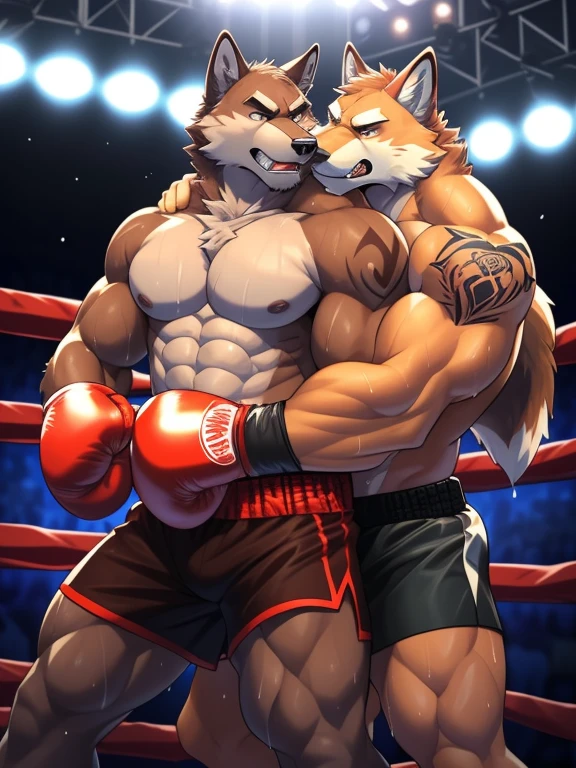 Duo big male fighters(Brown Wolf vs Red Wolf, handsomes, Thick eyebrows), beso gay((Cuddling embraced from behind in a boxing match)), hot(Full body, shirtless), handsomes(They are handsomes, correct anatomy), musculosos(Big muscle bodies, Six packs, muscle abs, big pecs, muscle legs, muscle backs), sweaty(very sweaty wet bodies), tatuajes(they have tattoos), Angry(They have an angry expression), Boxing gloves(They both are wearing reds boxing gloves), boxers(They are wearing black shorts boxers), Hight resolution