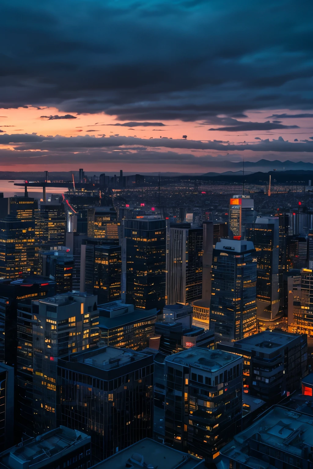 arafed view of a city skyline at dusk with a body of water, a photo by Jakob Gauermann, flickr, minimalism, twilight skyline, overcast dawn, overcast dusk, vancouver, twilight ; wide shot, sunset panorama, beautiful dusk, during sunrise, beautiful and spectacular dusk, skyline showing, shot on nikon d 3 2 0 0, at sunrise