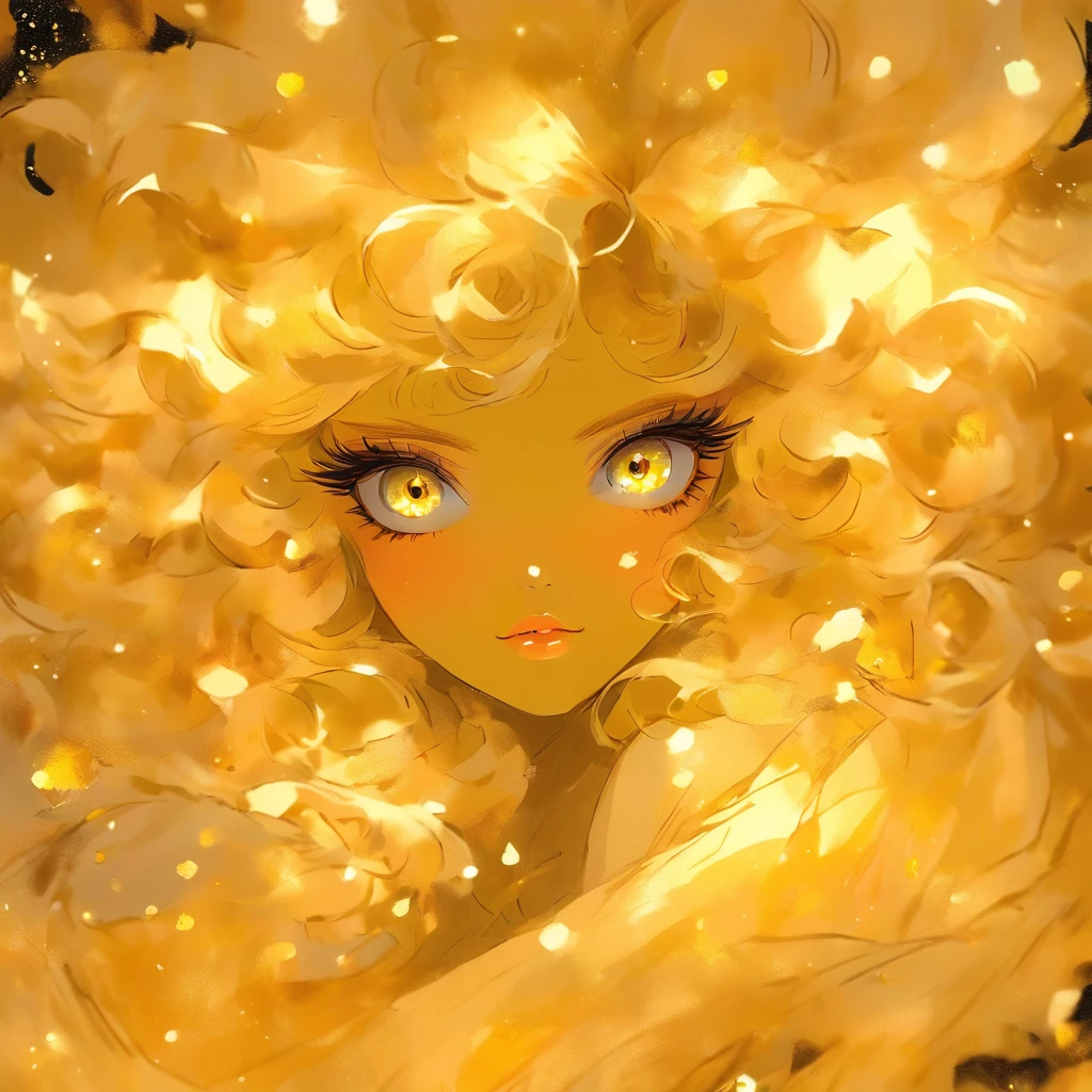 golden ink fashion sketch, bottom up view through beige tulle, flowers face, shine, unreal extravagant lady, minimalism, big eyes, platinum blonde long flowing curls, face in flowers abstract portrait, correct eyes, entropy of turns+smudges+black background