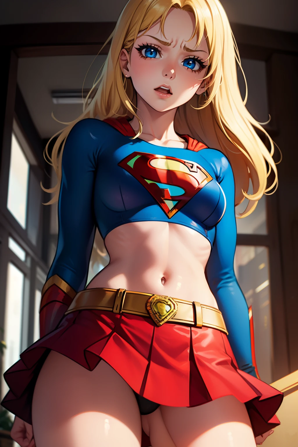 Masterpiece,   girl,  blonde hair frinje,  blue eyes , disgusted,  supergirl top blue , red mini-skirt,  capa vermelha,  red knee-length boots.  Flt