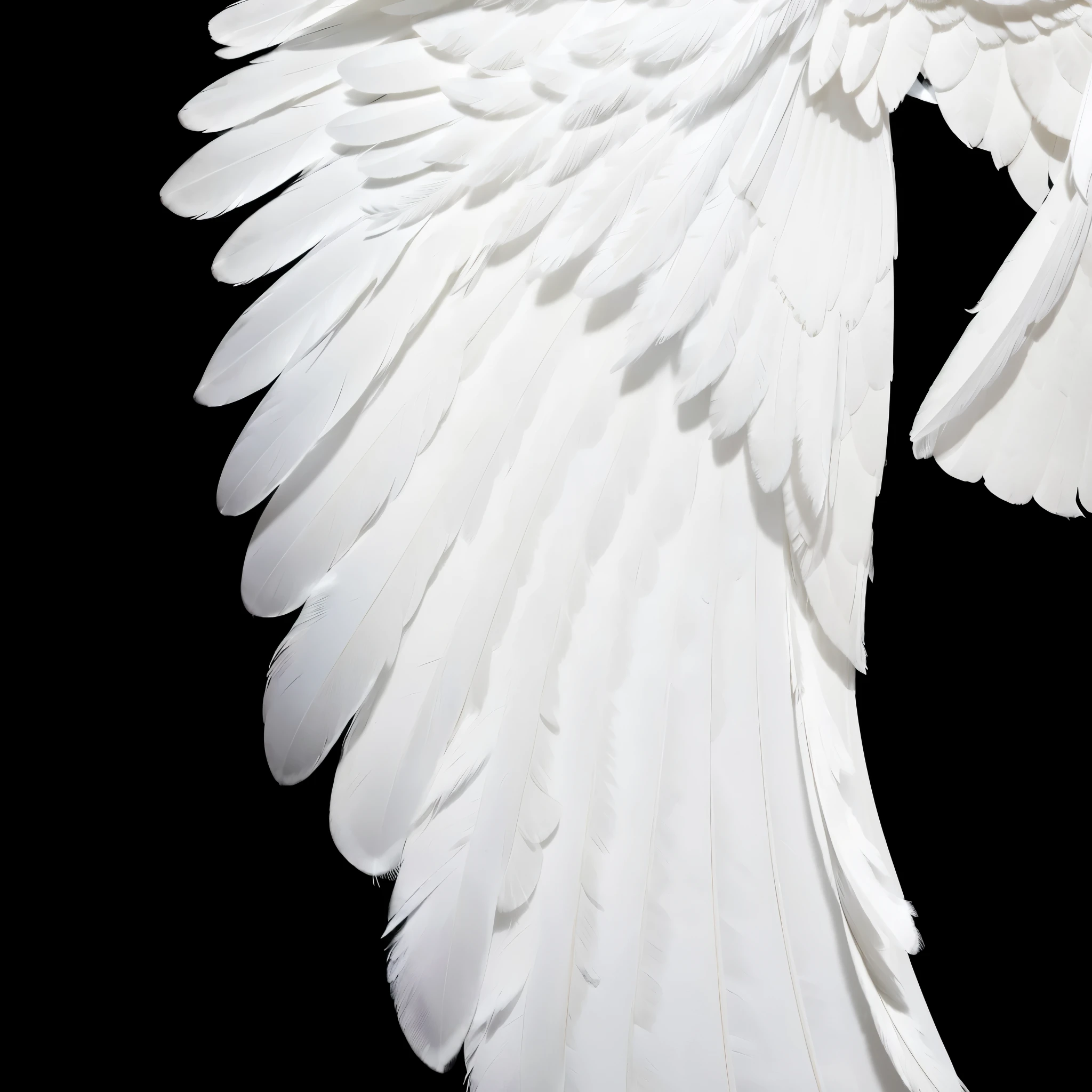 white bright glowing angel on black background, white realistic feather on wings, flying pose, ascending, angelic pose, angel wings facing bottom, ascending wing pose, very big wings, giant angel wings on closeup, closeup angel wings, angel is light source, over exposured angel, masterpiece photo, photorealism, detailed angel wings