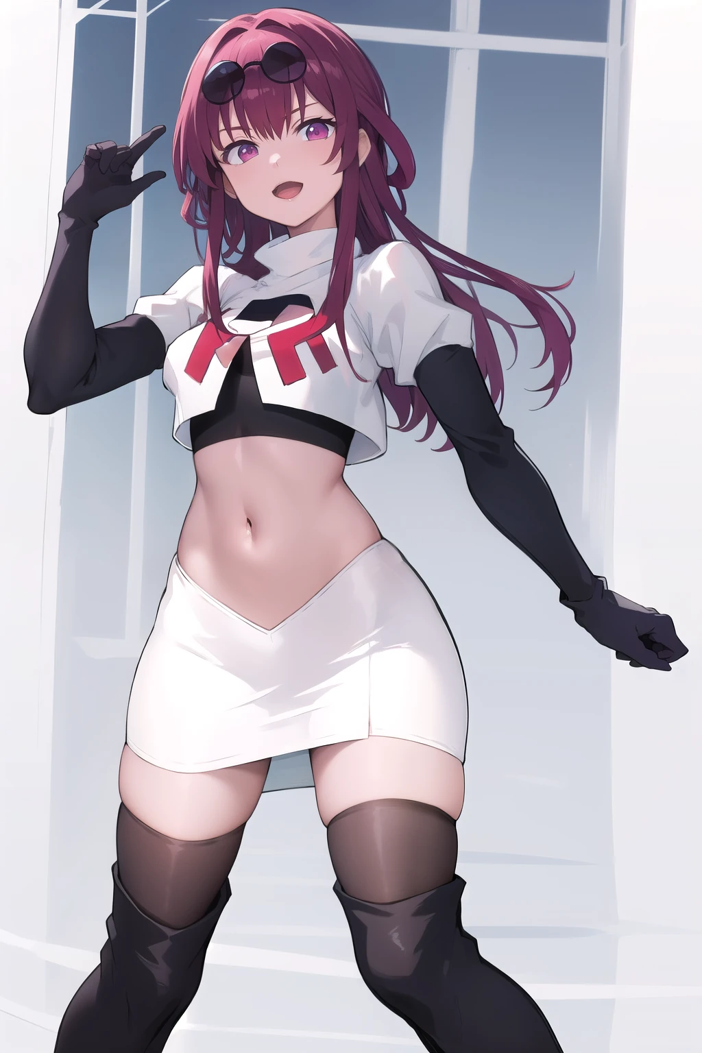 masterpiece, best quality, highres, aakafka, sunglasses, eyewear on head, team rocket,team rocket uniform,white skirt,red letter R,crop top,black thigh-highs,black elbow gloves