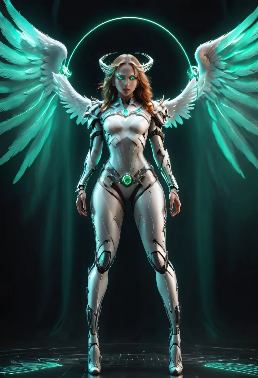 In the darkness, a woman's figure is illuminated by a circular light that frames her head, young  cyborgetic angelic female, complete body, Caucasian skin, short,  body, bio cyborg body, show cleavage, bio cyborg arm's, curved lips, long fire hair, bio cyborg legs, battle Valhalla background,  ultra detailed lighting, larg anglic wings,  ultrarealistic, 8k, neon plasmic emerald eyes,