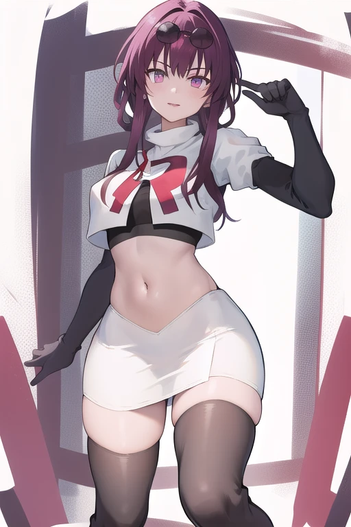 masterpiece, best quality, highres, aakafka, sunglasses, eyewear on head, team rocket,team rocket uniform,white skirt,red letter R,crop top,black thigh-highs,black elbow gloves