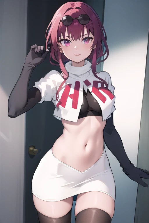 masterpiece, best quality, highres, aakafka, sunglasses, eyewear on head, team rocket,team rocket uniform,white skirt,red letter R,crop top,black thigh-highs,black elbow gloves