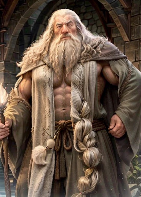 big muscled gandalf, weise, Magier, Hoher Kontrast, (natural skin structure, Hyperrealismus, Sanftes Licht, Scharf),topless