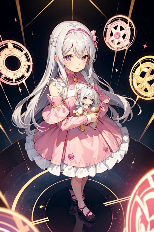 anime cute girl , silver hair , golden lovely eyes , pink dress , holding pink doll , standing in magic circle