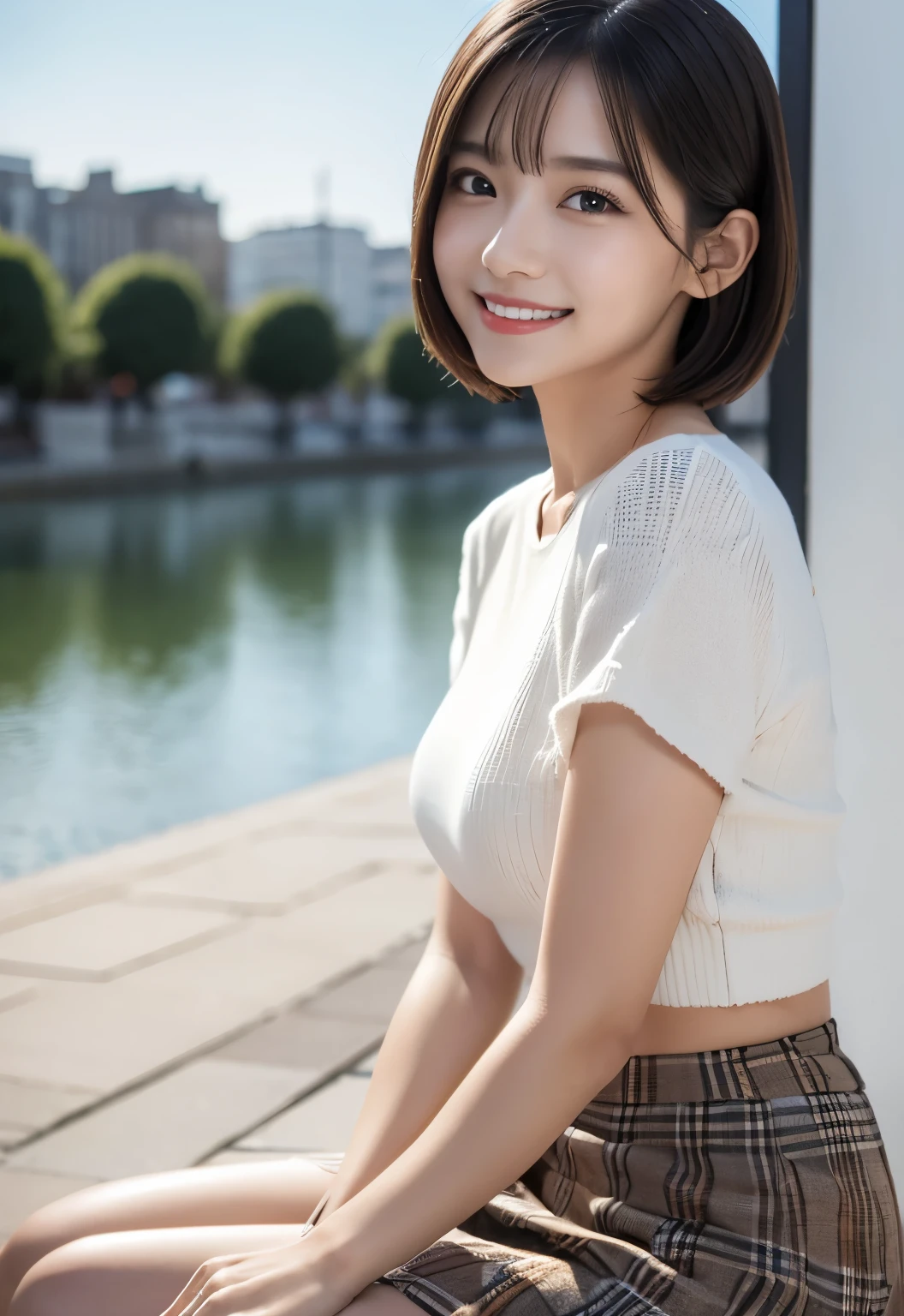 (masterpiece, best quality:1.1), (8k, raw photo, photo realistic:1.2, f22), (shiny skin), detailed skin,Medium Bob,detailed face, detailed eyes, smile,BREAK, real world, intricate details, smil, BREAK, 1girl, (Check pattern,skirt), BREAK, (city:1.4), BREAK