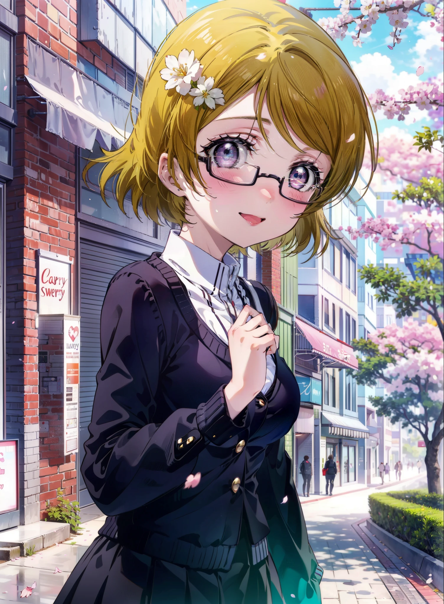 Hanayo Koizumi, hanayo koizumi, Short Hair, Brown Hair, Purple eyes,Big Breasts,Black-rimmed glasses,sweater,Long skirt,Mini Boots,Cherry blossoms are blooming,Cherry blossoms are scattered,Cherry blossom tree-lined path,happy smile, smile, Open your mouth,So that the whole body goes into the illustration,smile,blush,
break looking at viewer, (Cowboy Shot:1. 5)
break outdoors, School School building,
break (masterpiece:1.2), highest quality, High resolution, unity 8k wallpaper, (figure:0.8), (Detailed and beautiful eyes:1.6), Highly detailed face, Perfect lighting, Extremely detailed CG, (Perfect hands, Perfect Anatomy),