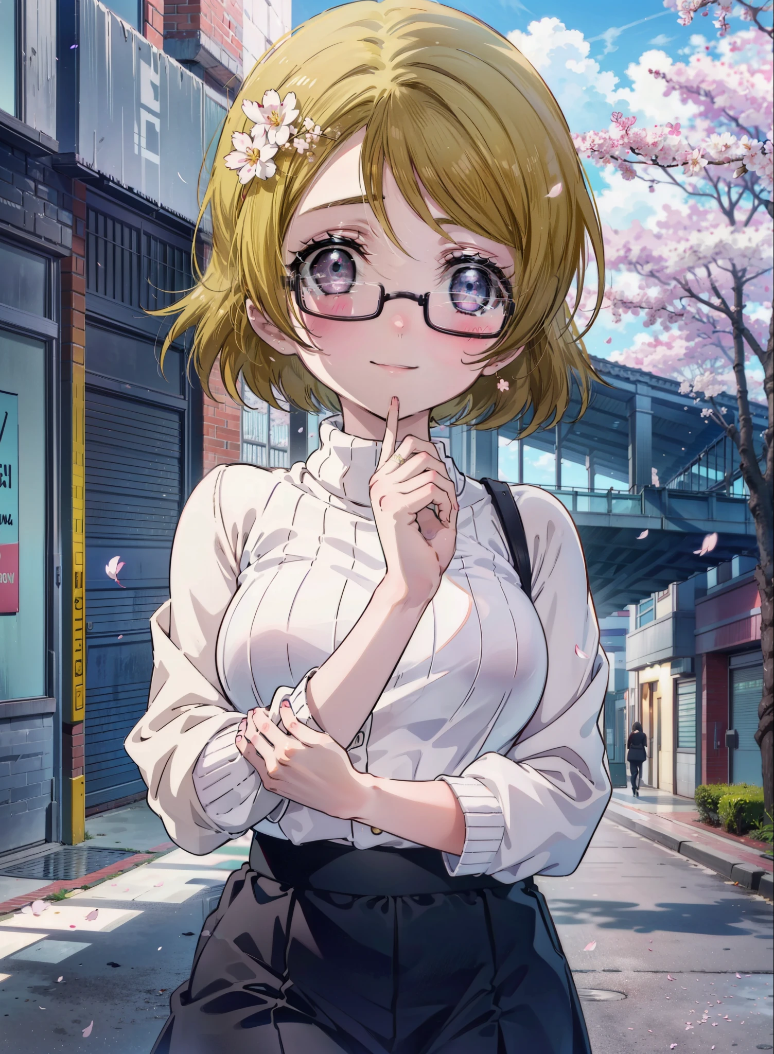 Hanayo Koizumi, hanayo　koizumi, Short Hair, Brown Hair, Purple eyes,Big Breasts,Black-rimmed glasses,sweater,Long skirt,Mini Boots,Cherry blossoms are blooming,Cherry blossoms are scattered,Cherry blossom tree-lined path,happy smile, smile, Open your mouth,So that the whole body goes into the illustration,smile,blush,
break looking at viewer, (Cowboy Shot:1. 5)
break outdoors, School　School building, 
break (masterpiece:1.2), highest quality, High resolution, unity 8k wallpaper, (figure:0.8), (Detailed and beautiful eyes:1.6), Highly detailed face, Perfect lighting, Extremely detailed CG, (Perfect hands, Perfect Anatomy),