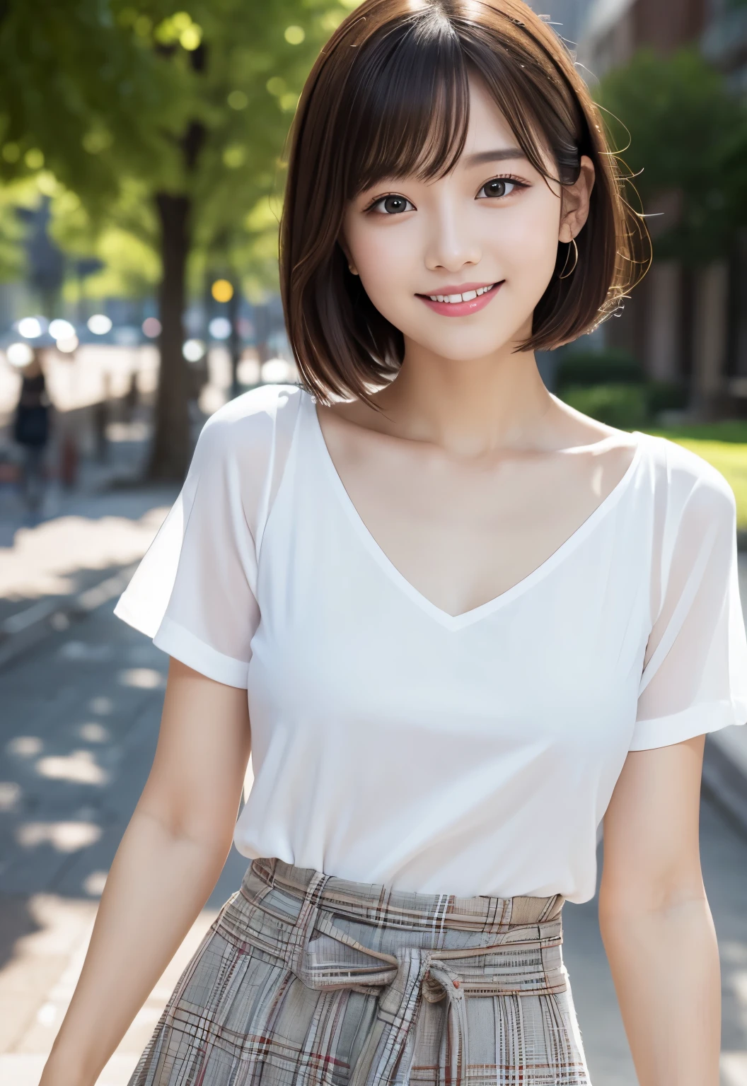 (masterpiece, best quality:1.1), (8k, raw photo, photo realistic:1.2, f22), (shiny skin), detailed skin,Medium Bob,detailed face, detailed eyes, smile,BREAK, real world, intricate details, smil, BREAK, 1girl, (Check pattern,skirt), BREAK, (city:1.4), BREAK