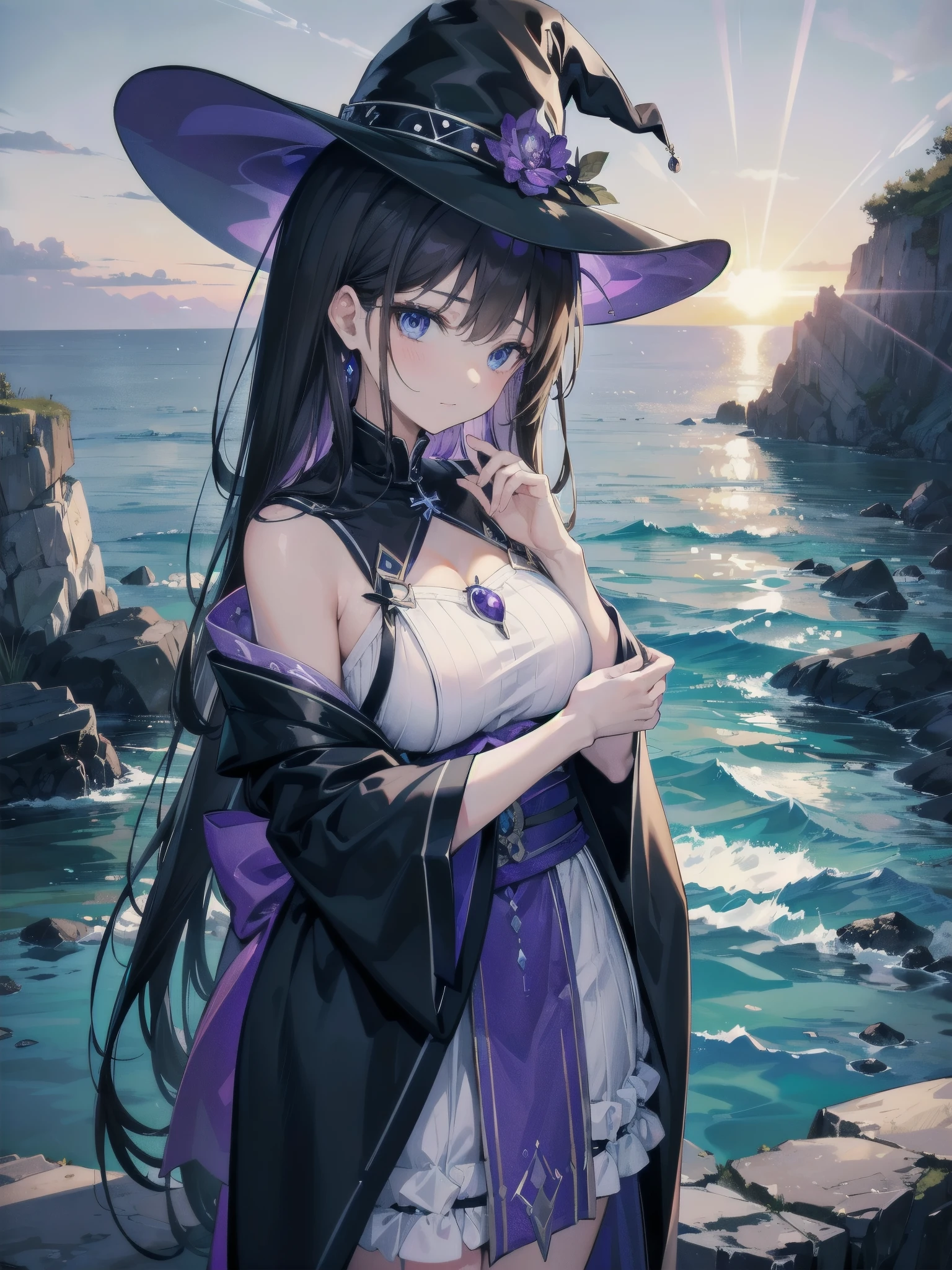 This is a hot spring by the sea in the early morning.、You can see the sunrise over the Pacific Ocean behind you.、morning sun reflecting on the sea、Beautiful sky、You can see the meteor shower、Two adult women relaxing in a hot spring, one with white hair and wearing a large black witch hat with sapphire accessories, the other with dark brown hair and wearing a large black witch hat with amethyst accessories、witch's hat、Blue Eyes、、、Surrendering to pleasure、、Bruised and cute、She's looking at me with a sexy face、、leaning against the wall、、Beautiful 、R18 illustrations、Erotic manga、Erotic illustrations、2D illustration、Japan anime、drawn by Japanese ilastrator、high resolution、4K quality、High Quality、High resolution、5 megapixels、High Detail、Beautiful background、Indigo sailor suit