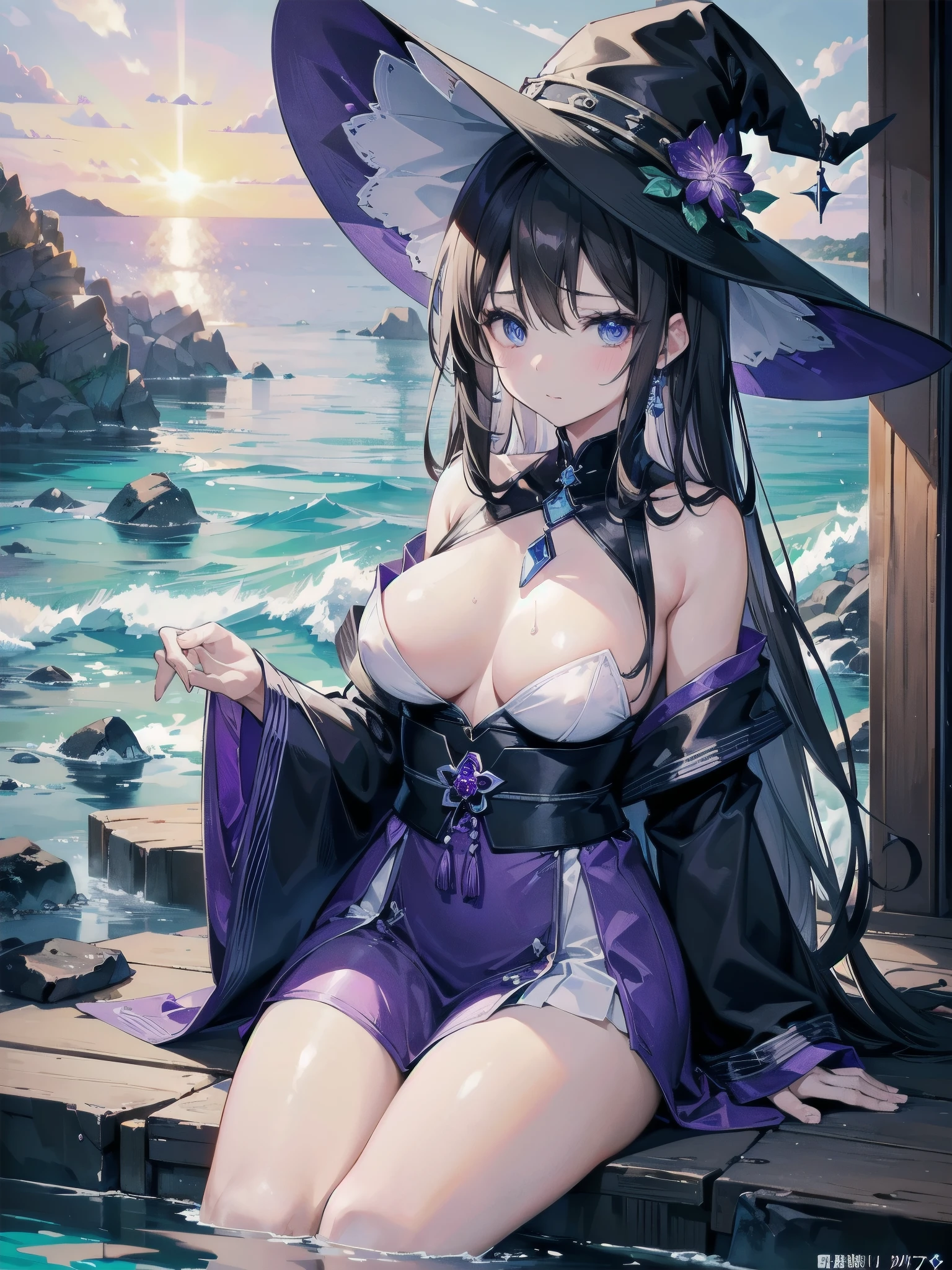 This is a hot spring by the sea in the early morning.、You can see the sunrise over the Pacific Ocean behind you.、morning sun reflecting on the sea、Beautiful sky、You can see the meteor shower、Two adult women relaxing in a hot spring, one with white hair and wearing a large black witch hat with sapphire accessories, the other with dark brown hair and wearing a large black witch hat with amethyst accessories、witch's hat、Blue Eyes、、、Surrendering to pleasure、、Bruised and cute、She's looking at me with a sexy face、、leaning against the wall、、Beautiful 、R18 illustrations、Erotic manga、Erotic illustrations、2D illustration、Japan anime、drawn by Japanese ilastrator、high resolution、4K quality、High Quality、High resolution、5 megapixels、High Detail、Beautiful background、Indigo sailor suit