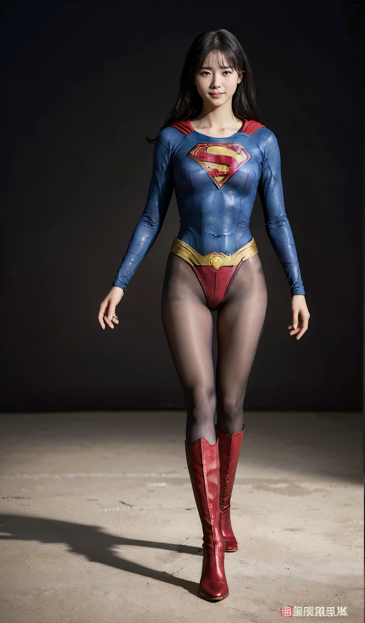 No background、(((Beautiful legs in black tights.)))、(((Legally express the beauty of your smile)))、((((Make the most of your original images)))、(((Supergirl Costume)))、(((beautiful short bob hair)))、(((suffering)))、(((Please wear black tights....、Wear red boots)))、((Best image quality、8K))、((highest quality、8K、masterpiece:1.3))、(((Preserve background )))、Sharp focus:1.2、Beautiful woman with perfect figure:1.4、Thin abdominal muscles:1.2、Wet body:1.5、Highly detailed face and skin texture、8K