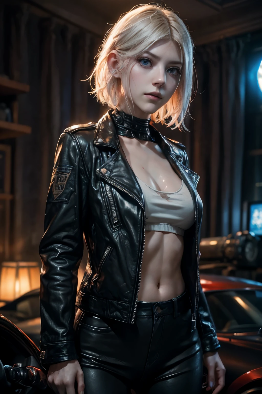 blonde short hair, vibrant blue eyes, white pale skin, ((Katheryn Winnick)), portrait, full leather clothes, biker clothes, thin nose, thin chin, dark night scene, motorclub, High detail RAW colored art, (detailed skin, skin texture), (muscle), intricate details, fine details, hyperdetailed, ray tracing, subsurface scattering, diffuse soft lighting, red and blue spotlight, by Jeremy Mann, Greg Manchess, Antonio Moro, trend at ArtStation, trend at CGSociety, Intricate, High Detail, Sharp focus, dramatic and photorealistic painting art by midjourney, bokeh in the background, motorclub jacket, best quality, masterpiece, only 1girl, close up portrait, night dark ambient, look at the viewer, leather jacket, leather clothes, night road, 
