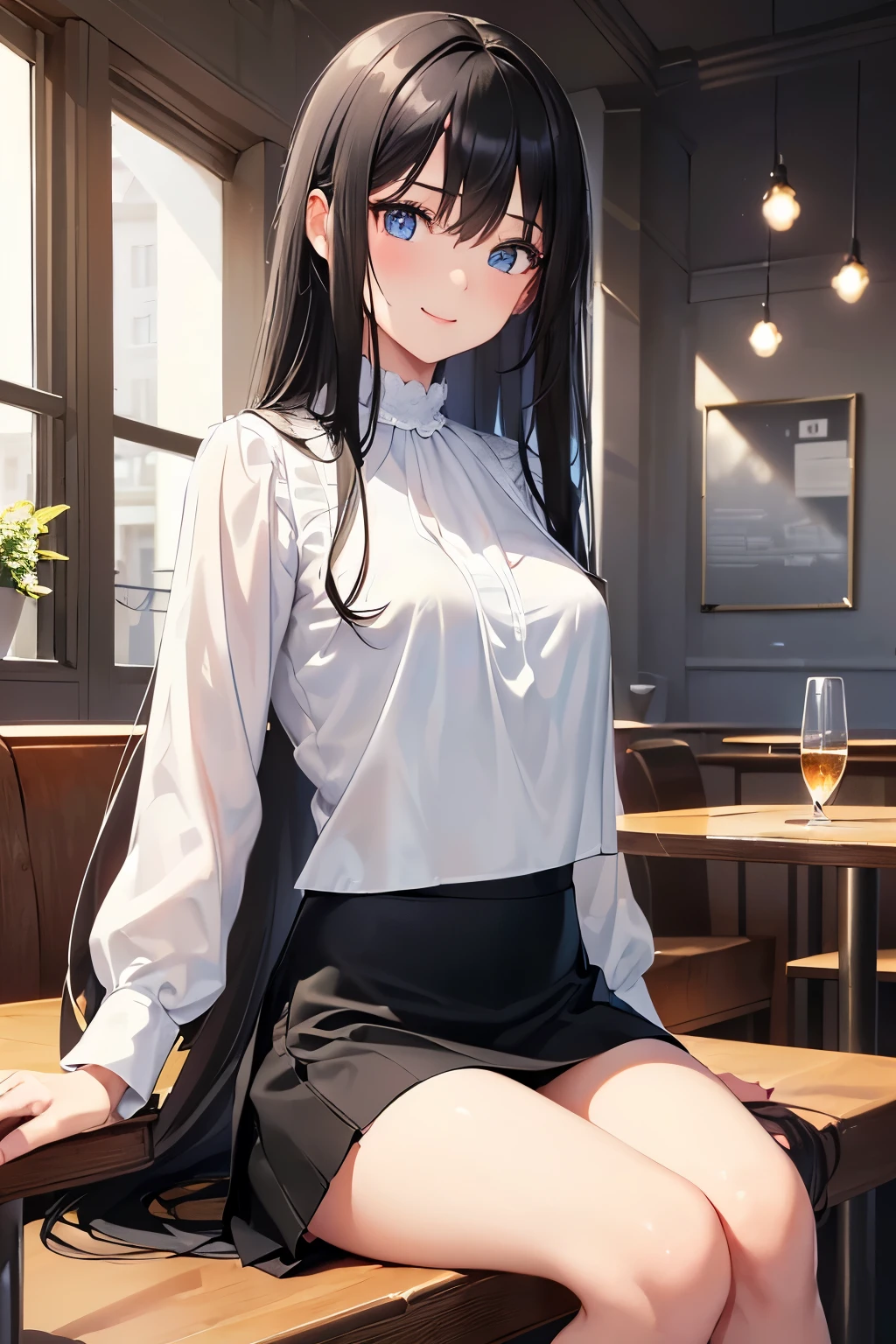((, masterpiece, best quality)), ((super high resolution)), (photo realistic), best shadow, (sharp sketch, illustration:1.2), high detail, very detailed, (nice hands, perfect hands), (POV, face focus:1.4), ((1girl)), beautiful girl, 18 years old, blue eyes, (black straight long hair:1.5), (normal breasts:1.1), glossy skin, ((view from front:1.5)), (very slender:1.3), (beautiful adolt face:1.3), famous idol, thin lips, detailed facial features, facial and skin texture, Crisp focus, perfect beautiful body and face, beautiful face, perfectly in focus, long bangs, (in the cafe:1.3), all body, (smile:1.1), ((sitting:1.5)), (white blouse and black mini skirt:1.5), hair between eyes, cross legs