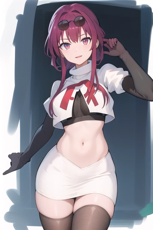 masterpiece, best quality, highres, aakafka, sunglasses, eyewear on head, team rocket,team rocket uniform,white skirt,red letter R,crop top,black thigh-highs,black elbow gloves