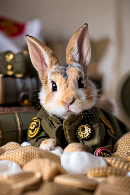 
mischievous, adventurous, young rabbit, army jacket, brass buttons