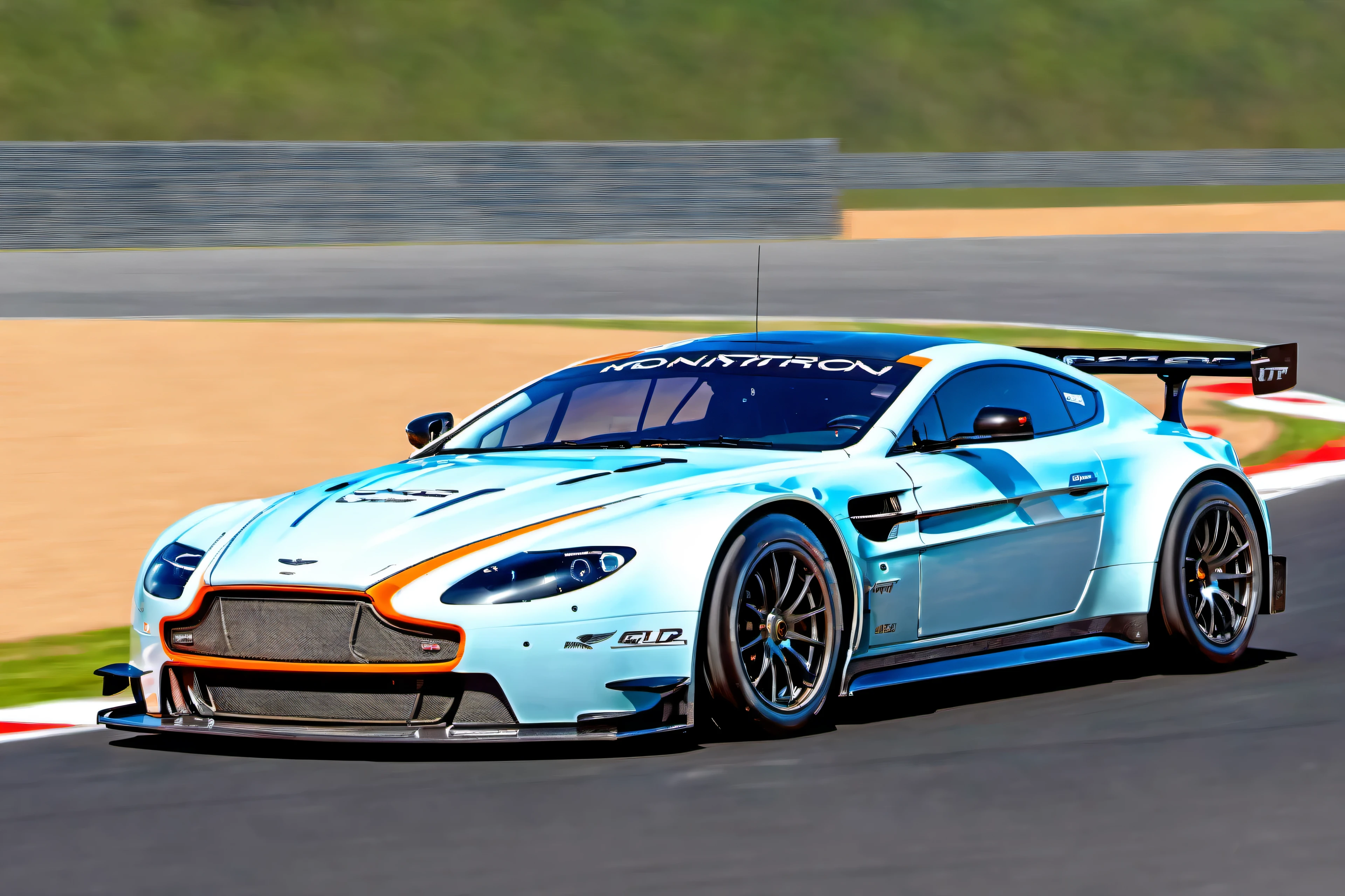 masterpiece, best quality, aston martin, V8 Vantage GT2, race track, in motion, UHD, HDR, 4k, ray tracing