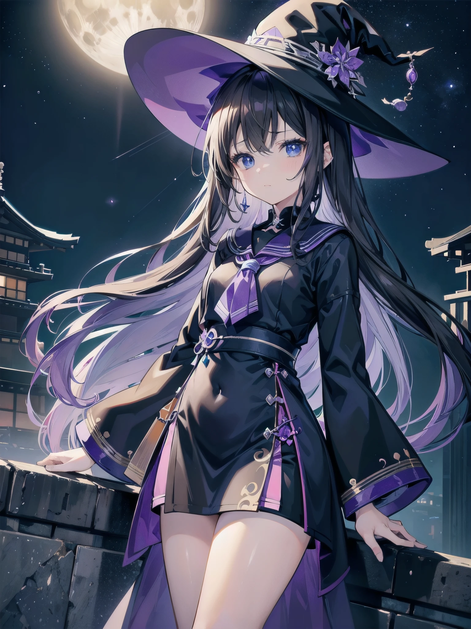 This is the rooftop of a skyscraper in Tokyo.、It&#39;s late at night now、Behind me is a night view, a small moon, and a starry sky.、You can see the beautiful sea with the moonlight reflecting in the distance.、Two adult women, one with white hair and wearing a large black witch hat with sapphire accessories, and one with dark brown hair and wearing a large black witch hat with amethyst accessories.、witch's hat、Blue Eyes、、、Surrendering to pleasure、、Bruised and cute、She&#39;s looking at me with a sexy face、、leaning against the wall、、Beautiful 、R18 illustrations、Erotic manga、Erotic illustrations、2D illustration、Japan anime、drawn by Japanese ilastrator、high resolution、4K quality、High Quality、High resolution、5 megapixels、High Detail、Beautiful background、Indigo sailor suit