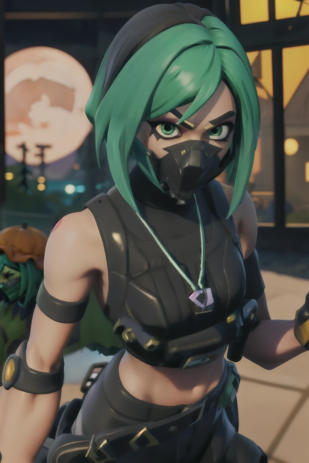 Zush:1.1, 1girl, medium breasts,(( stitched arm, two-tone hair, black hair, green hair, animification, split-color hair, stitches, stitched face, zombies:1.5, blood, fortnite)), short anime hair, green eyes, gloves, navel, bare shoulders, standing, sleeveless, jack o lantern, black gloves, midriff, belt, pants, crop top, mask, armband, mouth mask, dogtags, toned, fullbody, from above, ruined city:1.5, Halloween , night, evil sky, blood_moon, Halloween skyscrapers, skyscraper roof:1.5, city below:1.3, highest quality, high quality, (detailed face and eyes:1.1),