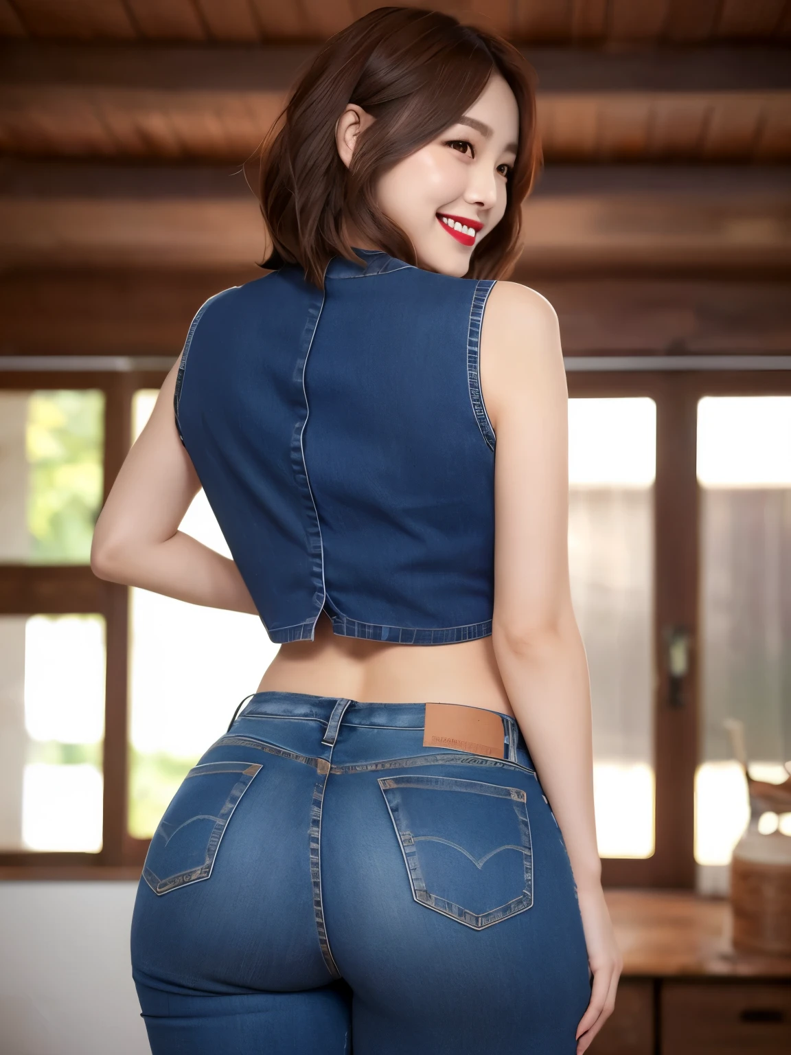 (sfw:1.5)、1 female、masterpiece, RAW Photos, highest quality, reality、Depth of written boundary, Lens flare,  （Low cut and tight )、（ultra short distance，Denim hot pants）），((Telegraph slang)),((Long legs)), （Thigh Gap：1.5），Small waist、（Wide Hips），（Big Ass），Cute Korean Girl, K-Pop Idols,(Big smile:1.3),Small waist、（Big Ass），（（White crop top：1.5） Vest with exposed neckline）， short hair, Redhead， reality的， photo shoot，（Exquisite detail）， Very detailed， High resolution， original，  highest quality， Detailed face， (Very beautiful face, Beautiful Lips, Beautiful Eyes), A face with intricate details, （Plump red lips），（Flared jeans）），（Thigh Gap：1.5），Small waist、（Wide Hips），（Big Ass）， (Show Viewer:1.3) short hair, Redhead，Open chest, Turn back, (((Back Hip Shot)))