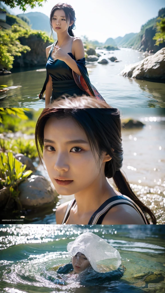 Spectacular water bending shots, in front, Award-winning photo, wuxia, Beautiful Chinese Woman,Focus on the face, Photorealistic eye style, Bokeh,Surreal illustration style, Super detailed, Cinematic Screenshots Unreal Engine, Zbrush3DアートVray,Glow Particles,Post Effects,Optical flare --niji 5 --style expressive --s 400