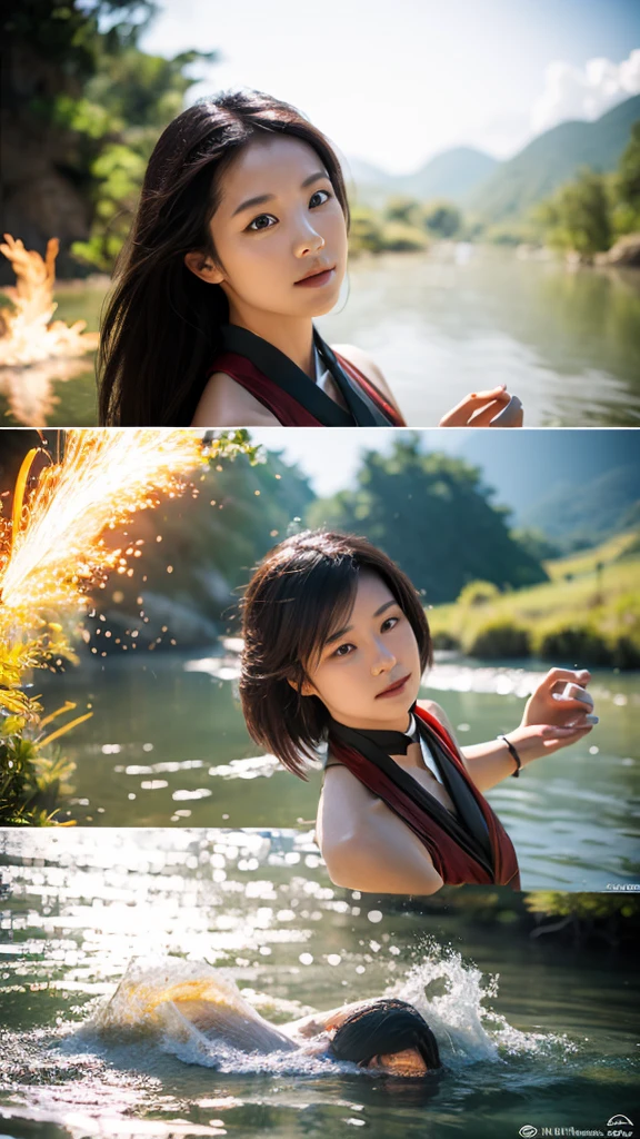 Spectacular water bending shots, in front, Award-winning photo, wuxia, Beautiful Chinese Woman,Focus on the face, Photorealistic eye style, Bokeh,Surreal illustration style, Super detailed, Cinematic Screenshots Unreal Engine, Zbrush3DアートVray,Glow Particles,Post Effects,Optical flare --niji 5 --style expressive --s 400