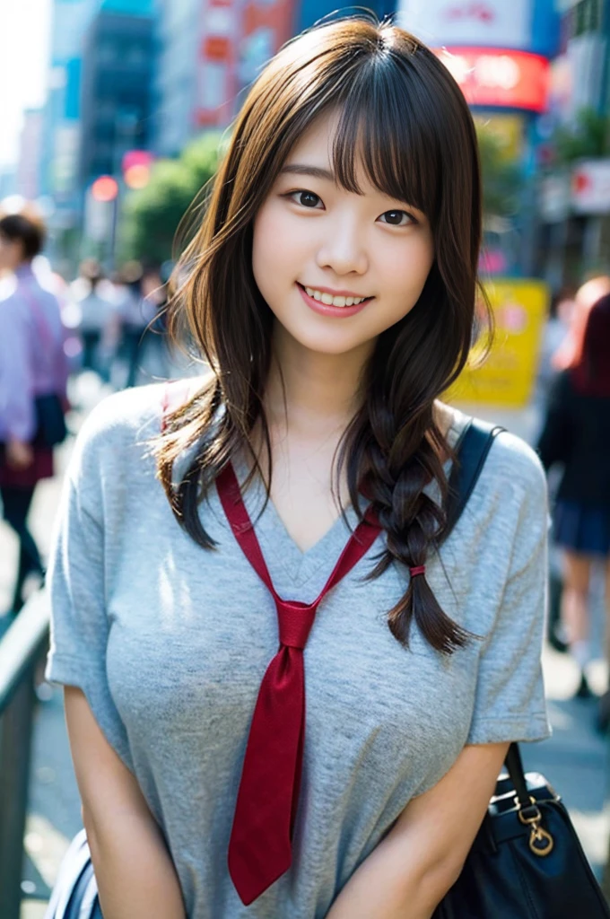 (8K、RAW photo、best image quality、masterpiece:1.2)、(genuine、Photo Genuine:1.37)、Super detailed、ultra high resolution、girl、1 person、Eyes that see the beholder、Beautiful face in every detail、smile、narrow、 (slim waist) :1.3)、thick and beautiful skin、skin texture、flowing hair、professional writing、as a whole human body、twin tails、Braid、high school girl uniform、high school girl、school zone、Tokyo、cityscape、red tie、bob hair、happy smile、 smile、no makeup、16 years chubby、E cup breasts、