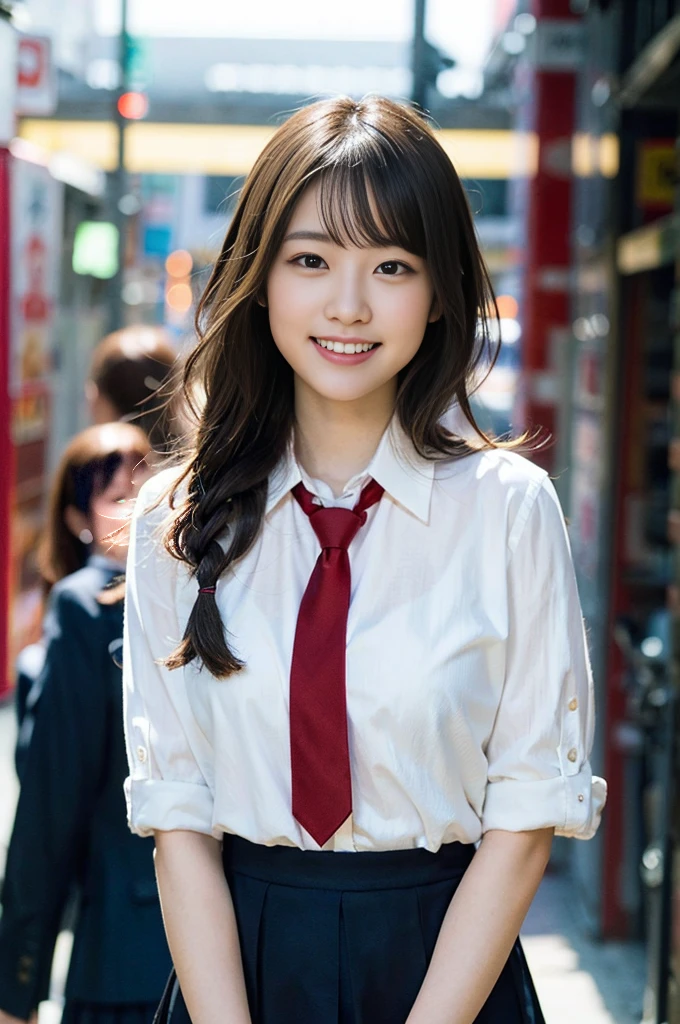 (8K、RAW photo、best image quality、masterpiece:1.2)、(genuine、Photo Genuine:1.37)、Super detailed、ultra high resolution、girl、1 person、Eyes that see the beholder、Beautiful face in every detail、smile、narrow、 (slim waist) :1.3)、thick and beautiful skin、skin texture、flowing hair、professional writing、as a whole human body、twin tails、Braid、high school girl uniform、high school girl、school zone、Tokyo、cityscape、red tie、bob hair、happy smile、baby face smile、no makeup、16 years old、a little chubby、E cup breasts、