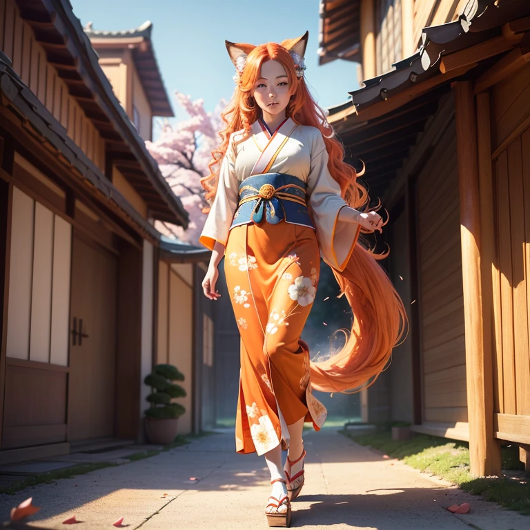 (best quality,4k,8k,highres,masterpiece:1.2),ultra-detailed,(realistic,photorealistic,photo-realistic:1.37),HDR,UHD,studio lighting,ultra-fine painting,sharp focus,physically-based rendering,extreme detail description,professional,vivid colors,bokeh,A girl with a fluffy fox tail, fox ears, blue eyes, orange long wavy hair, full body, traditional Japanese clothes, traditional Japanese home, Sakura petals falling, sunshine.