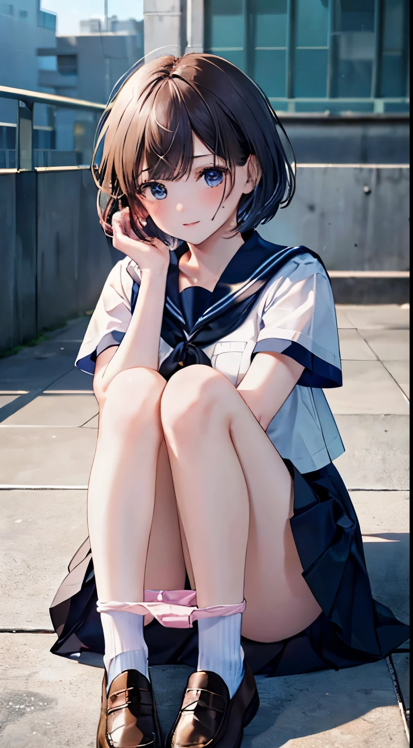 (((perfect anatomy, anatomically correct, super detailed skin))), ((panties pulled down)), 1 girl, japanese, high school girl, shiny skin, watching the viewer, 
beautiful hair, beautiful face, beautiful detailed eyes, (short hair:1.1, bob cut:1.2), dark blonde hair:1, blue eyes, babyface, mole under eye, 
beautiful clavicle, beautiful body, beautiful breasts, large breasts:0.5, beautiful thighs, beautiful legs, 
((short sleeves, all dark blue cute sailor suit, dark blue pleated skirt, dark blue sailor collar, sailor scarf, socks, brown loafers)), seductive thighs, (red slave collar), 
((, ashamed, , , )), standing, 
(beautiful scenery), summer, school rooftop, building, chain-link fence, 
8k, top quality, masterpiece​:1.2, extremely detailed), (photorealistic), beautiful illustration, natural lighting, ,Panties around ankles、Black Pantyhose