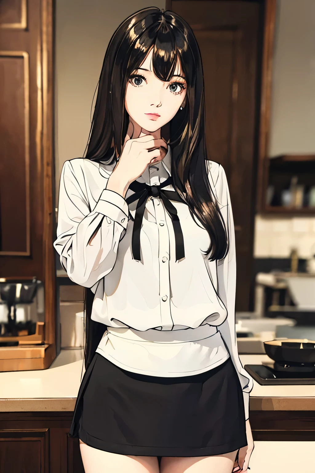 ((, masterpiece, best quality)), ((super high resolution)), (photo realistic), best shadow, (sharp sketch, illustration:1.2), high detail, very detailed, (nice hands, perfect hands), (POV, face focus:1.4), ((1girl)), beautiful girl, 18 years old, blue eyes, (black straight long hair:1.5), (normal breasts:1.1), glossy skin, ((view from front:1.5)), (very slender:1.3), (beautiful adolt face:1.3), famous idol, thin lips, detailed facial features, facial and skin texture, Crisp focus, perfect beautiful body and face, beautiful face, perfectly in focus, long bangs, (in the cafe:1.3), all body, (smile:1.1), ((standing:1.5)), (white blouse and black mini skirt:1.5), hair between eyes,